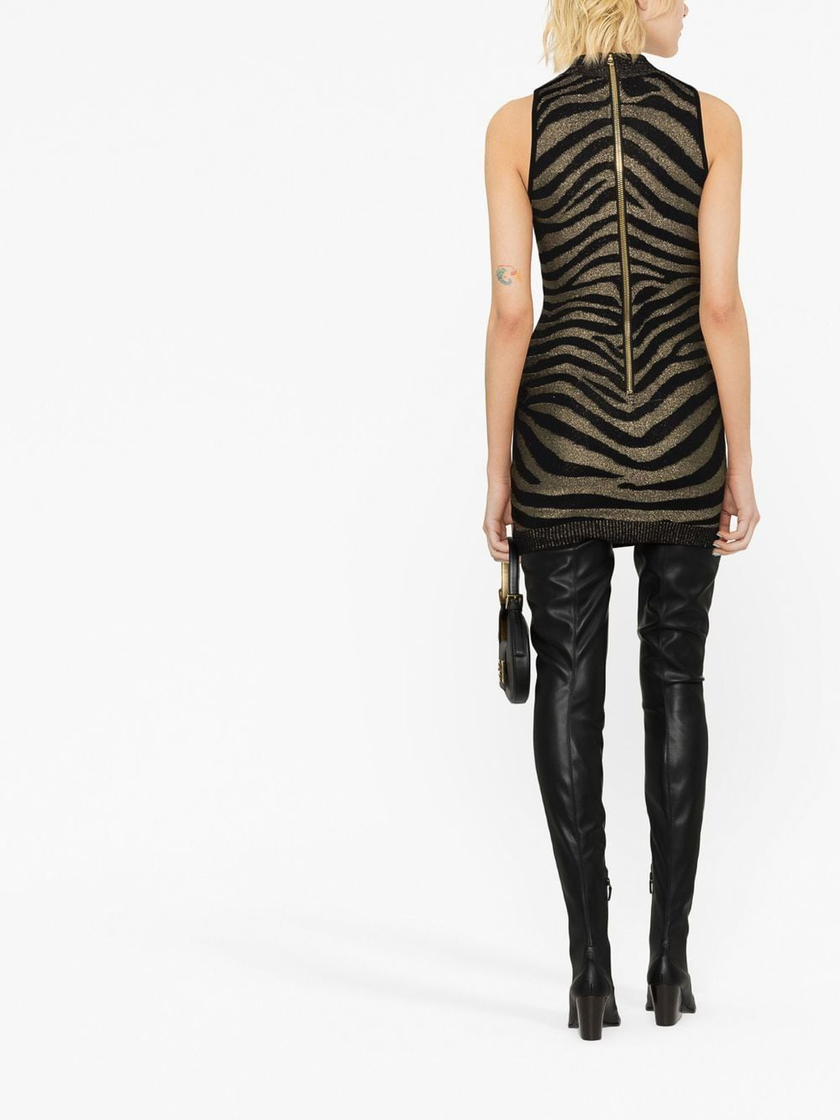 Shop Balmain Zebra-print Knitted Dress In Black