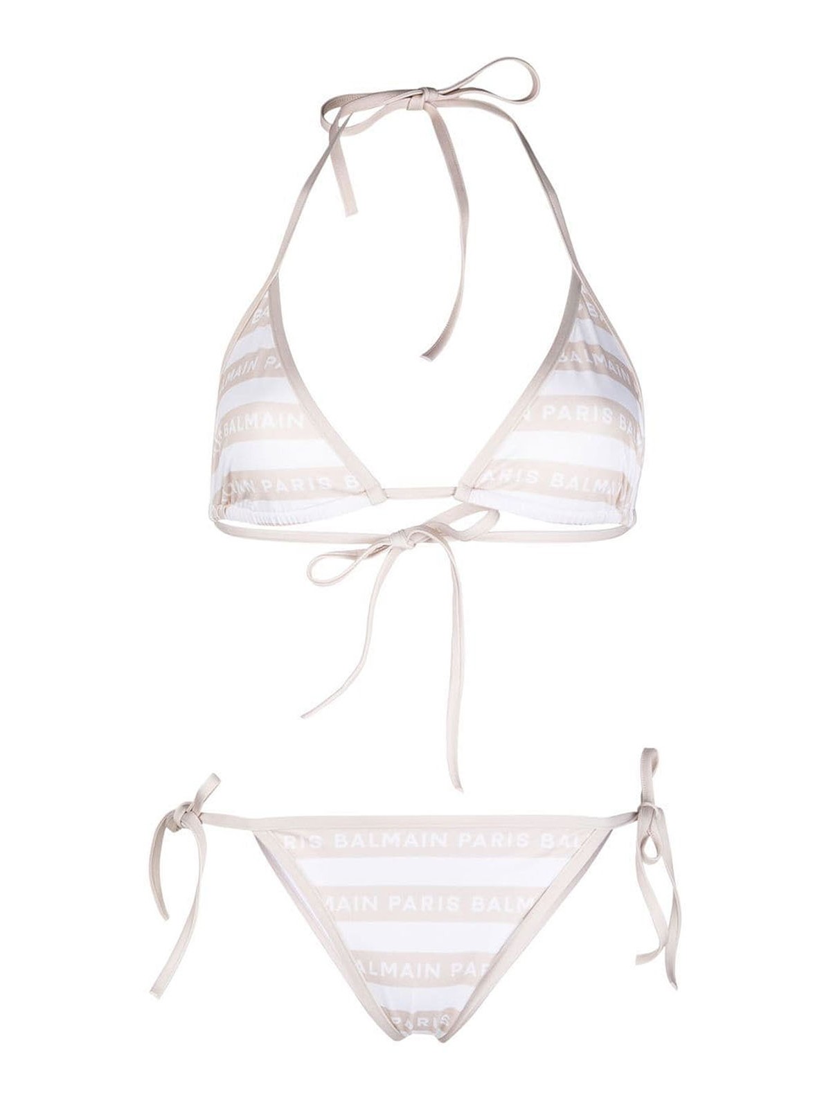 Shop Balmain All-over Logo Bikini With Ties In Beige