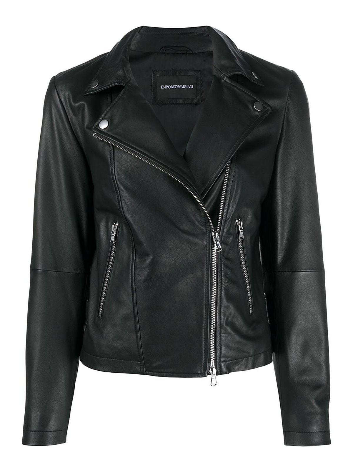 Shop Emporio Armani Black Leather Zipped Biker Jacket
