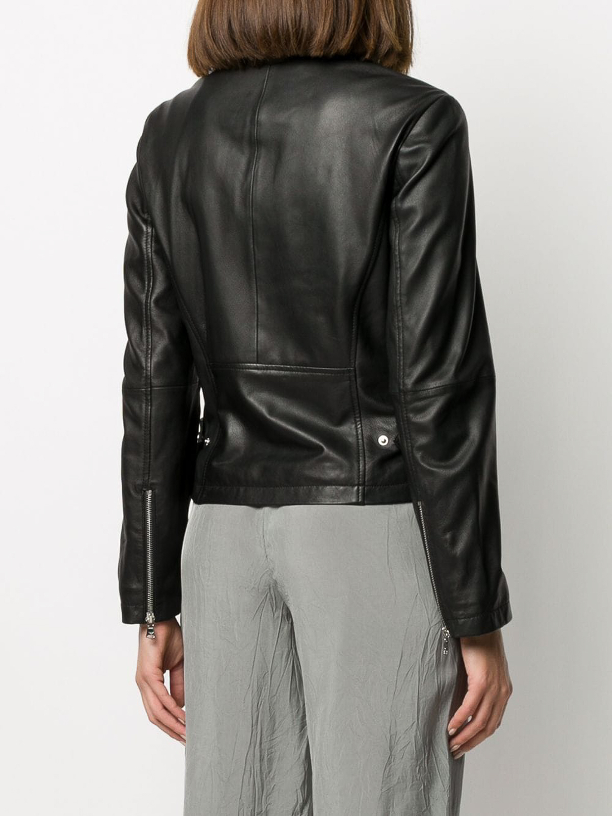 Shop Emporio Armani Black Leather Zipped Biker Jacket
