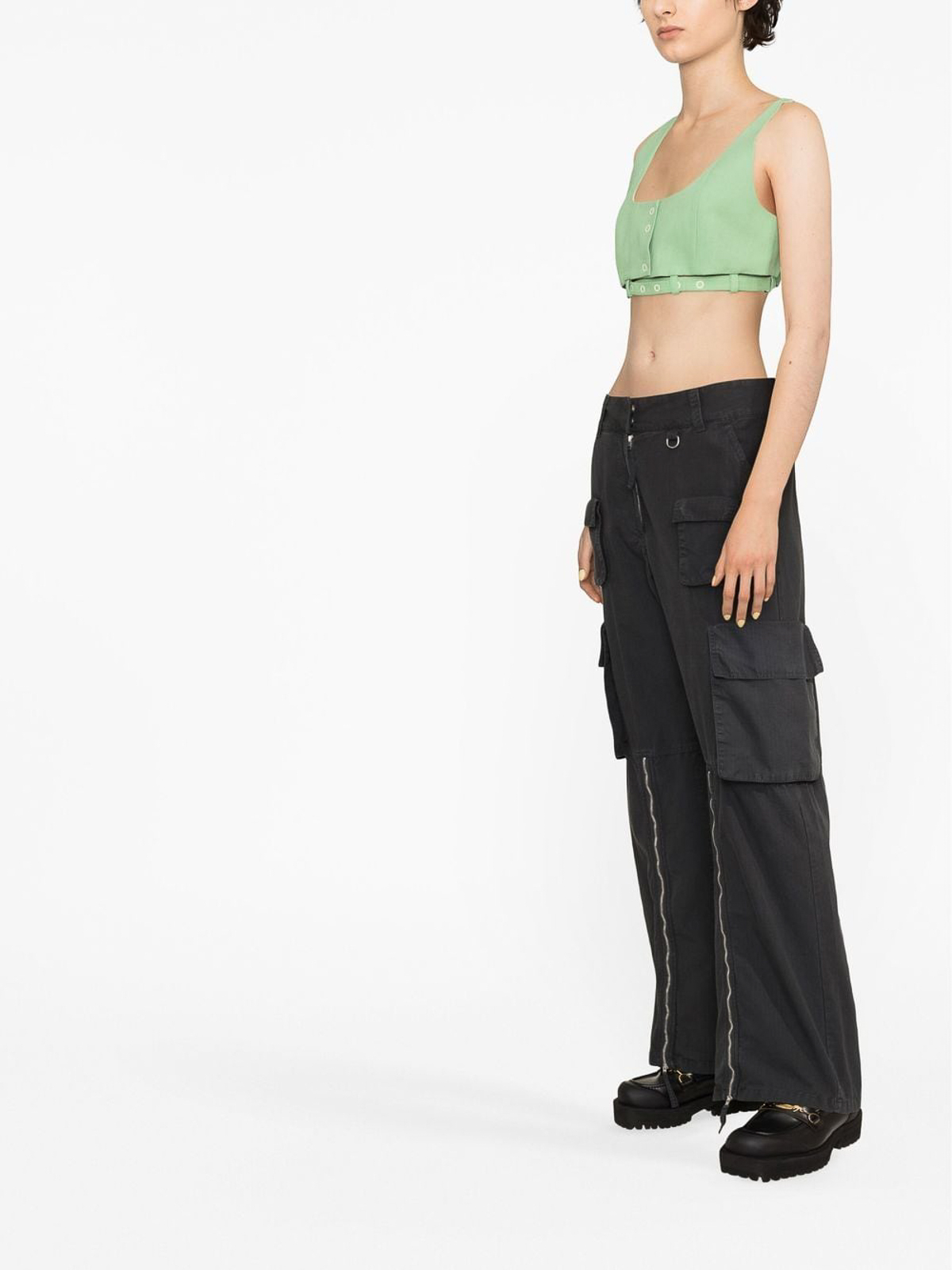 Shop Ganni Cotton Crop Top With Front Press-stud Closure In Light Green