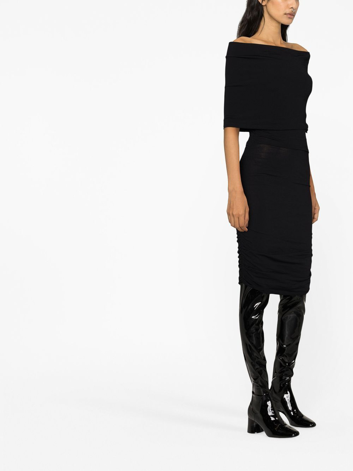 Shop Khaite Off-shoulder Aerica Ruched Dress In Black