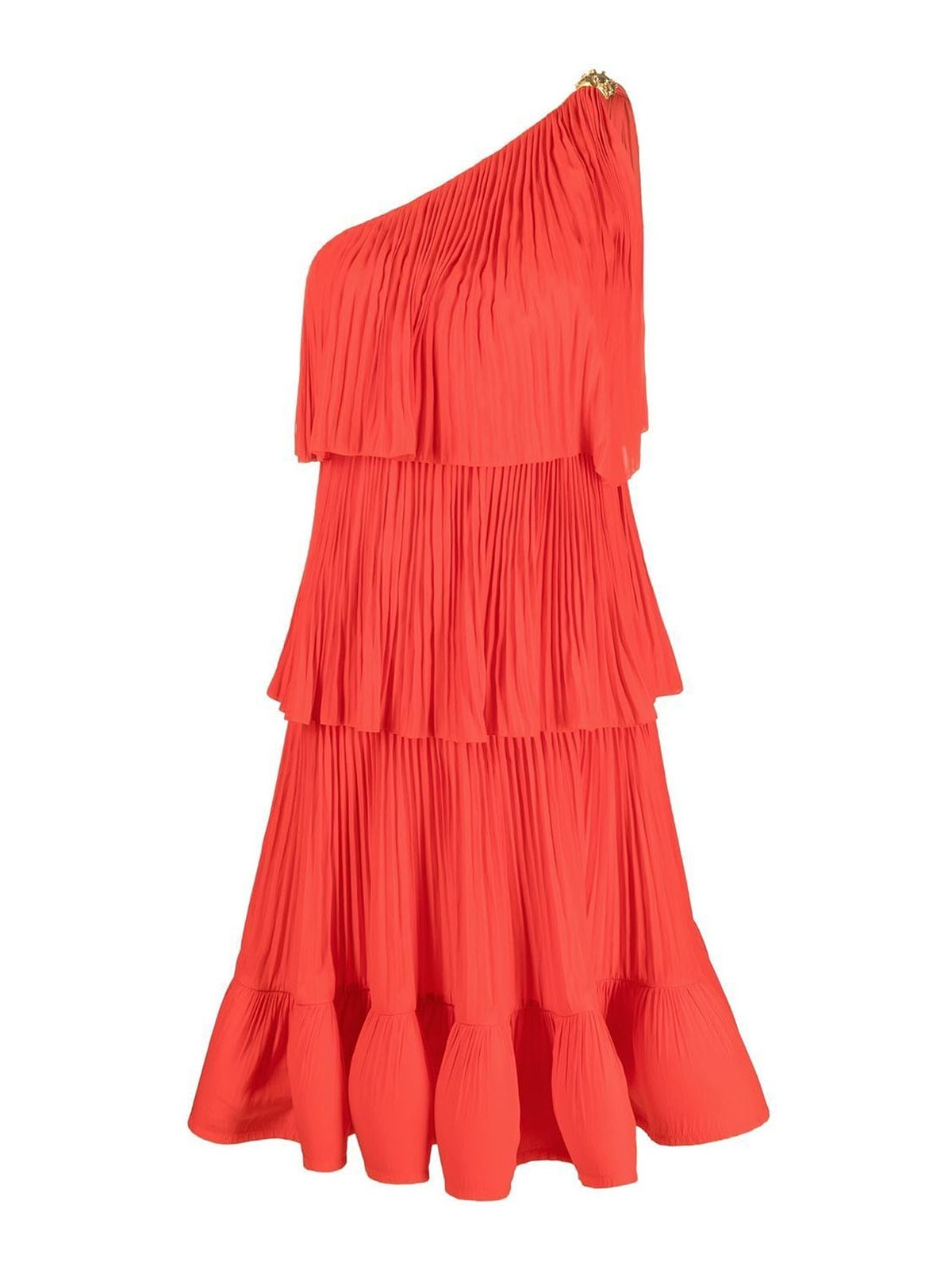 Shop Lanvin Pleated One-shoulder Dress With Tiered Skirt In Red