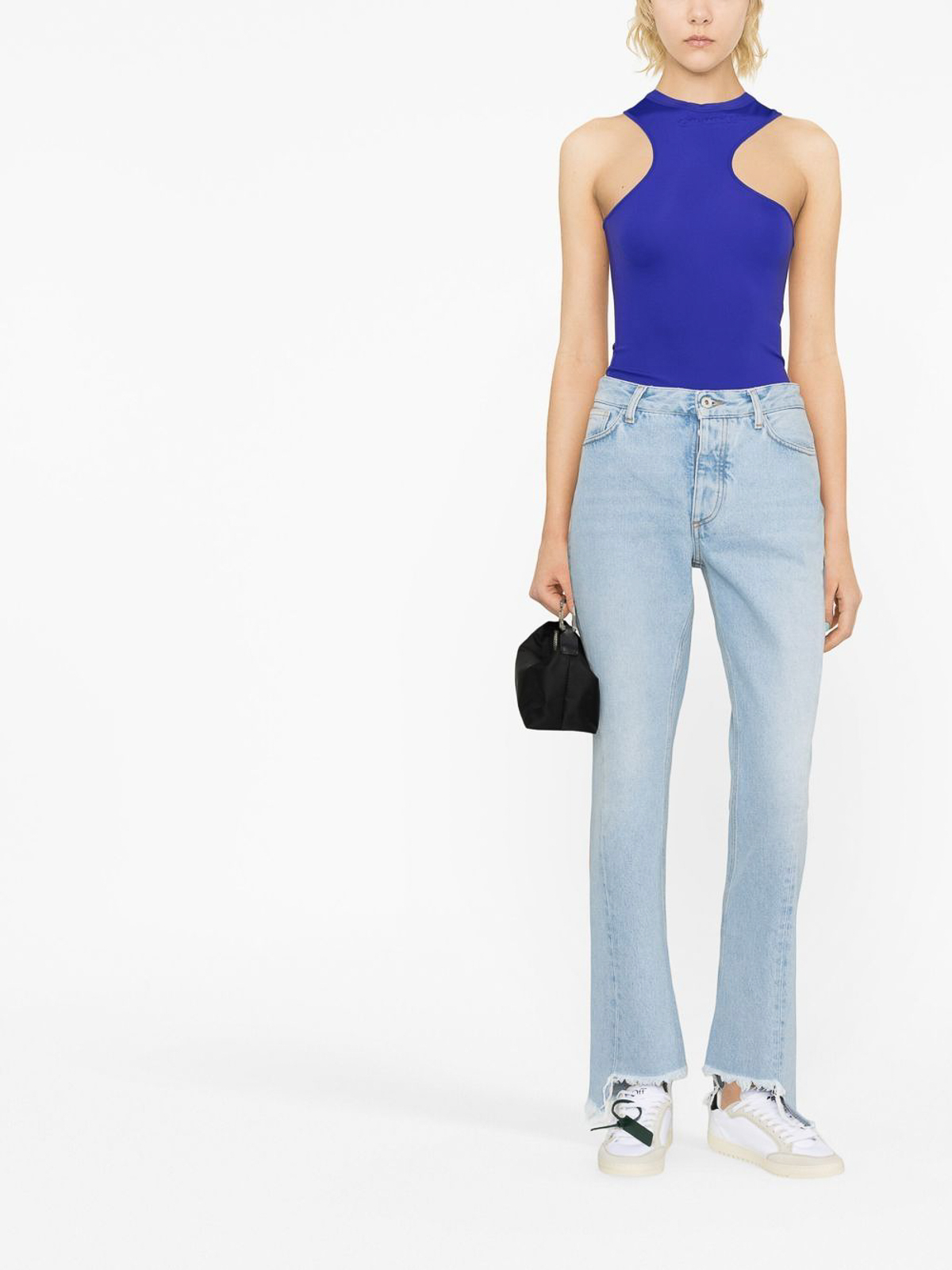Shop Off-white Frayed-edge Straight-leg Jeans With Logo In Light Wash