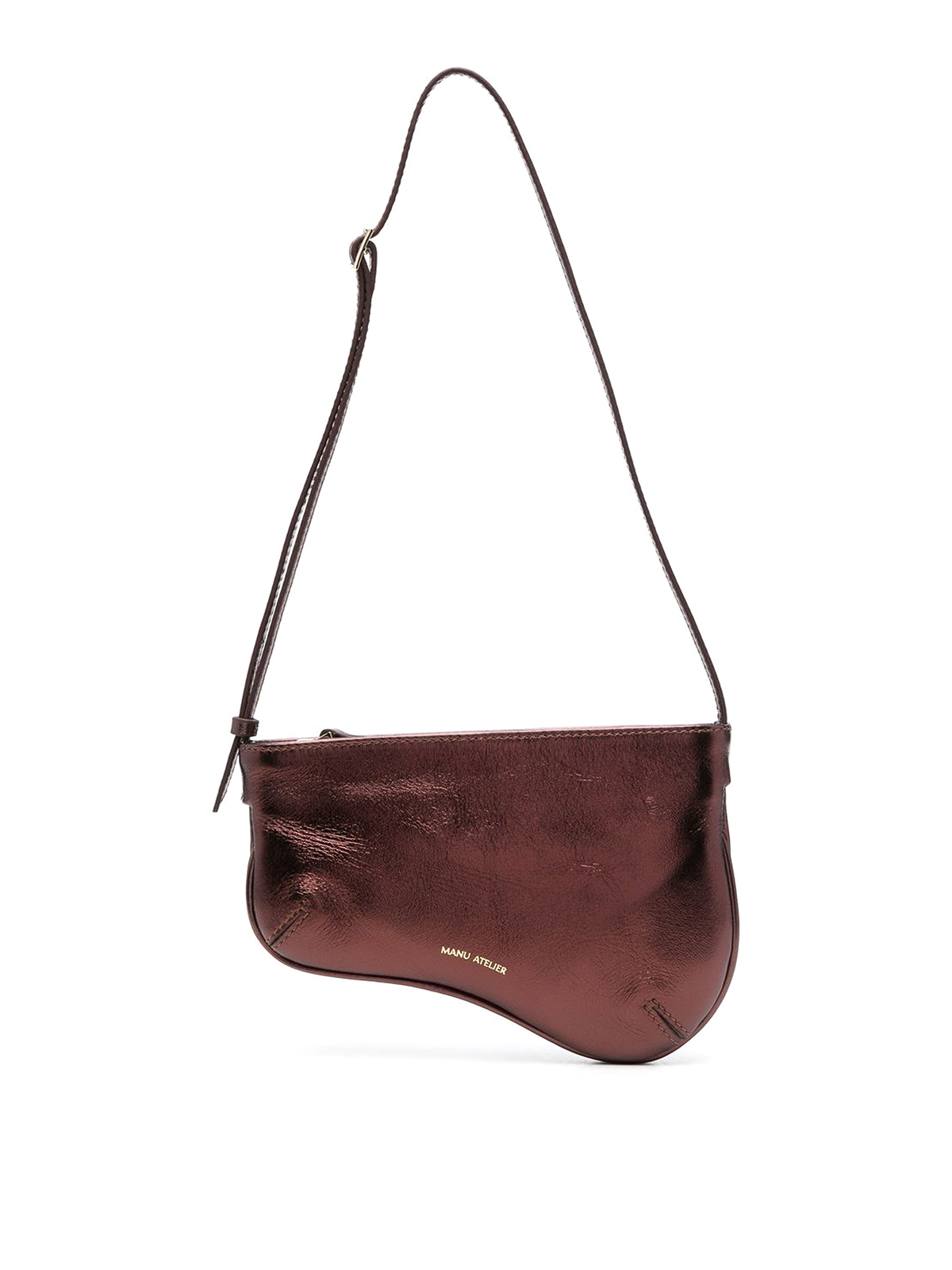 Manu Atelier Metallic Asymmetric Leather Bag With Logo In Brown
