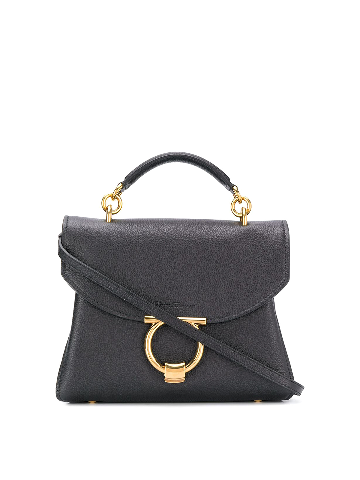 Ferragamo Hammered Leather Bag With Hardware And Strap In Black