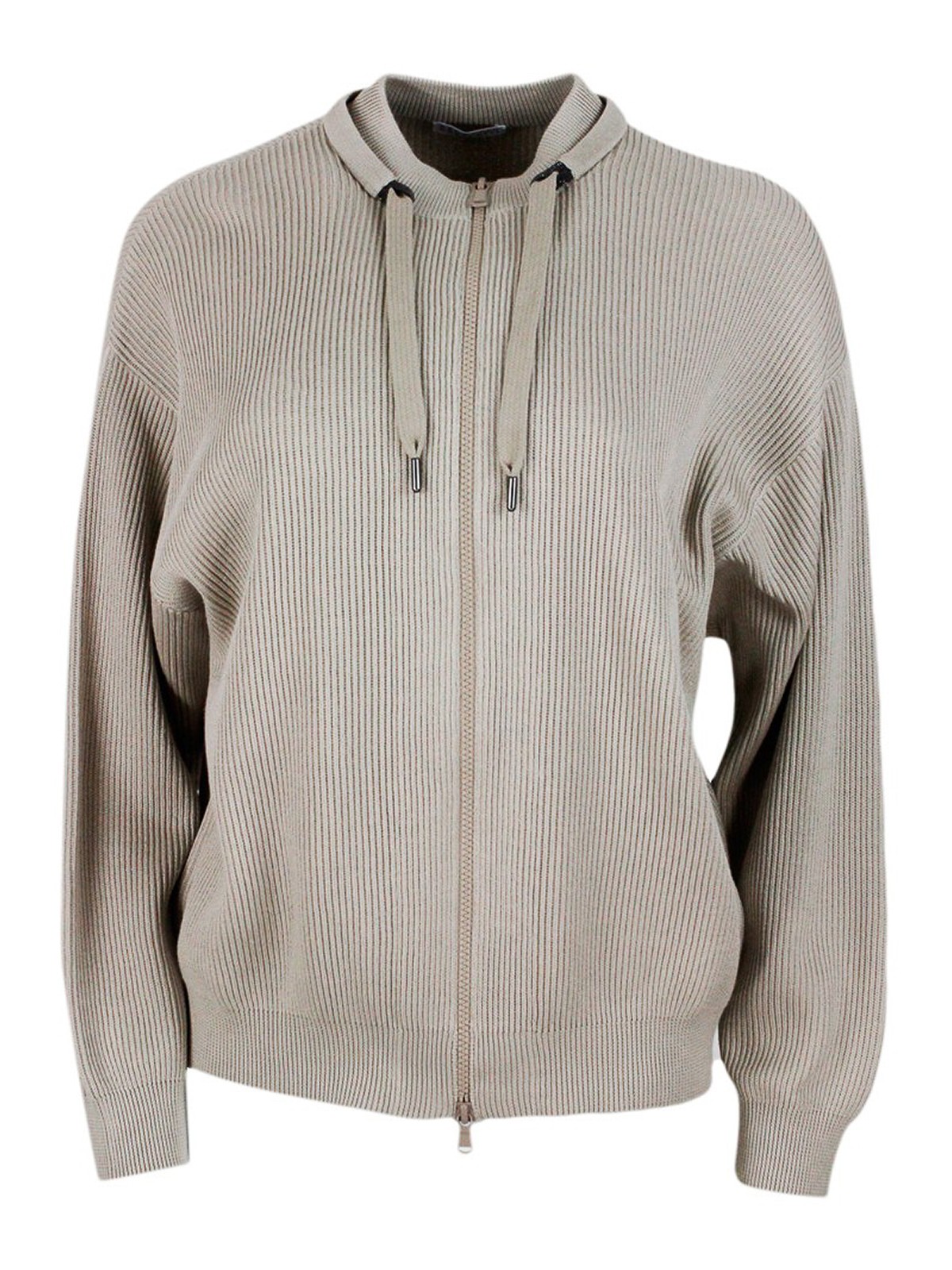 Brunello Cucinelli Crochet Cardigan With Zip And Drawstring In Light Grey