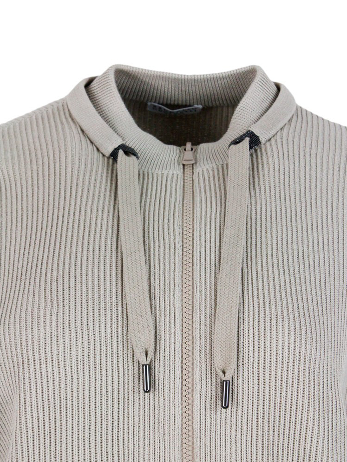 Shop Brunello Cucinelli Crochet Cardigan With Zip And Drawstring In Light Grey