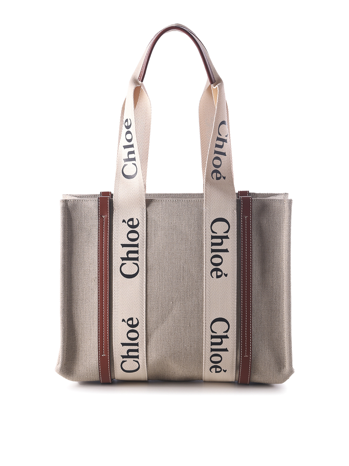 Chloé Double Long Handle Linen Bag With Logo In Blanco