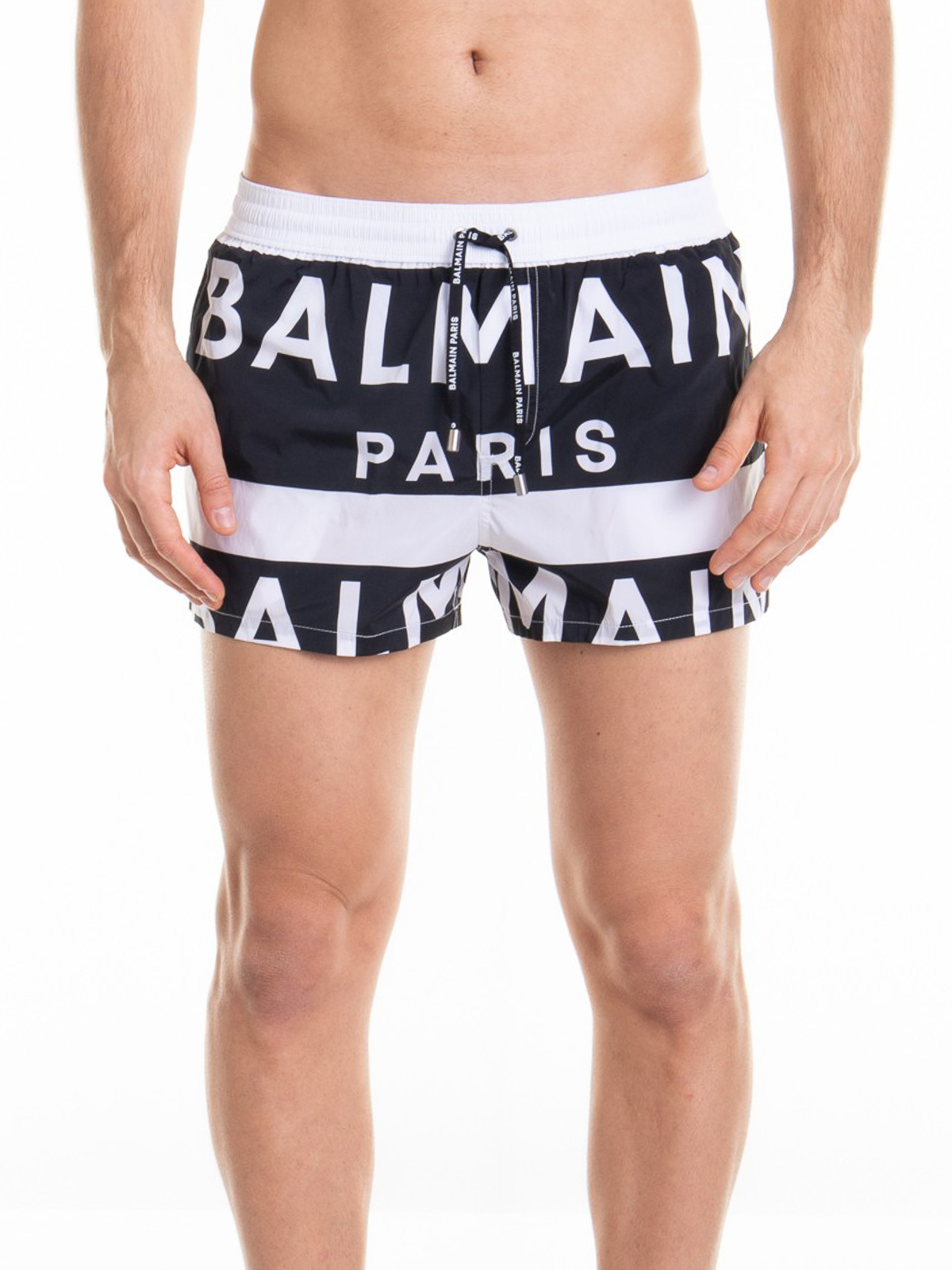 Shop Balmain Swimsuit With Logo And Drawstring In Black