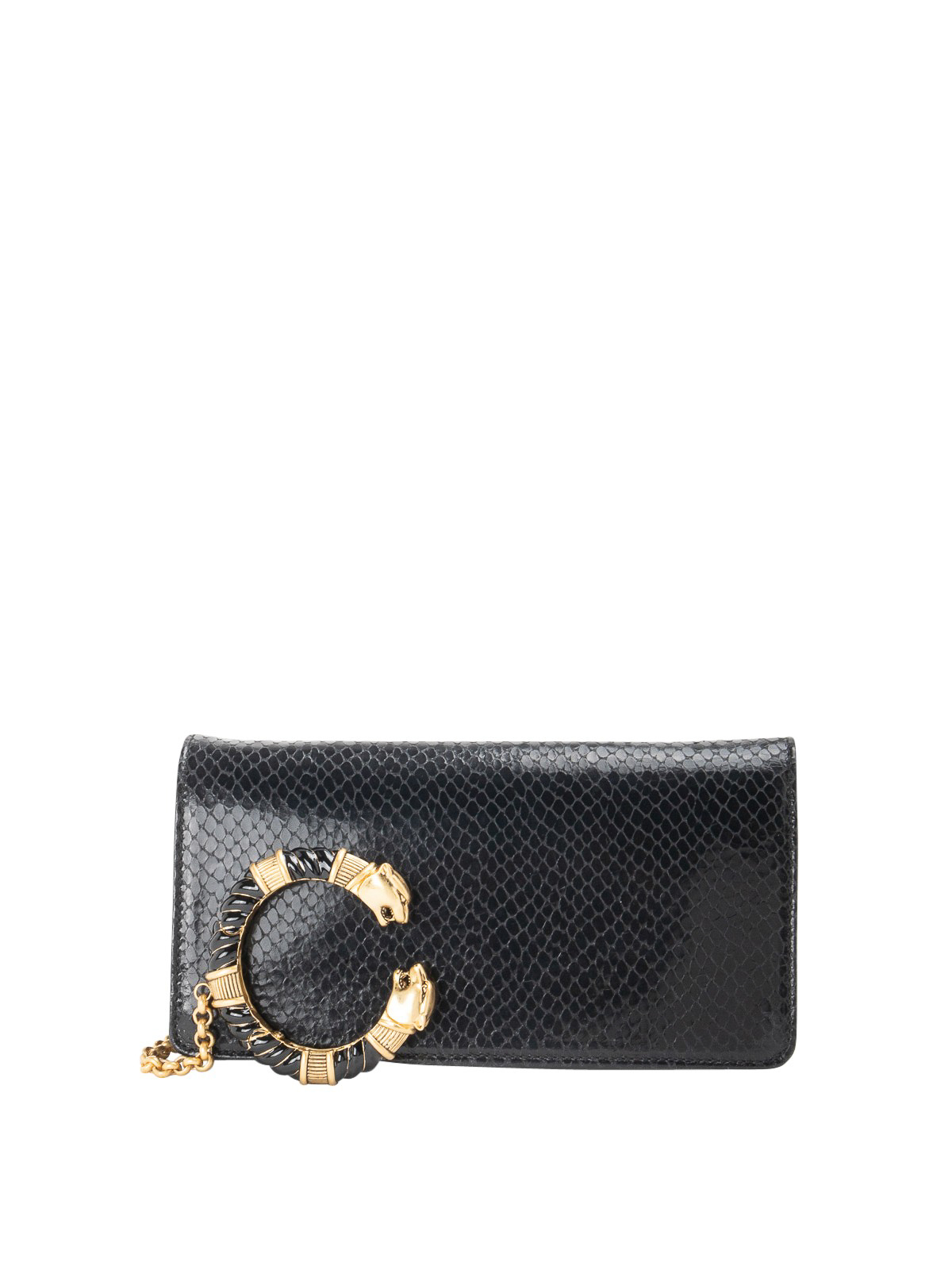 Roberto Cavalli Clutch Bag In Snake-effect Leather With Logo In Black