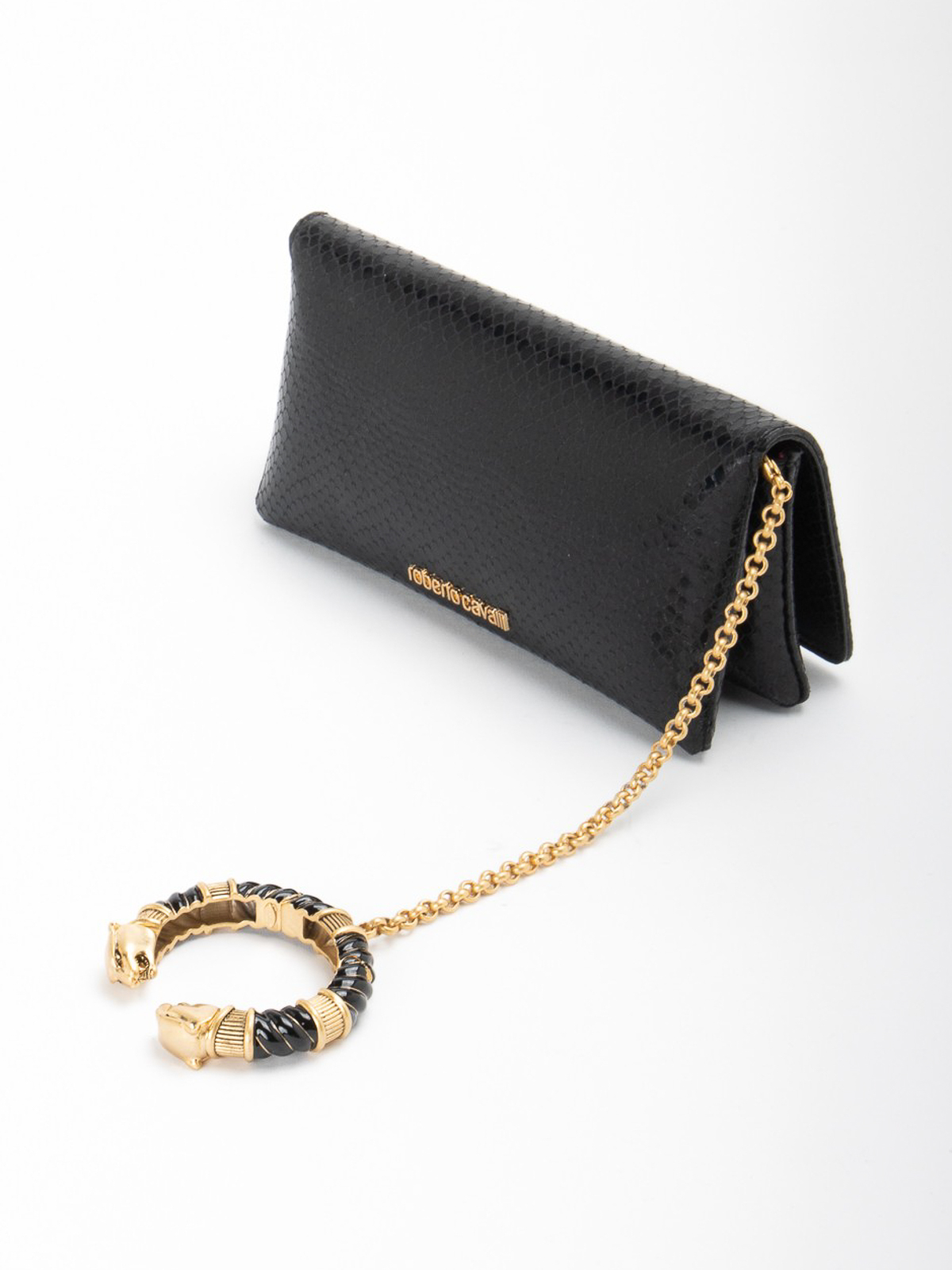 Shop Roberto Cavalli Clutch Bag In Snake-effect Leather With Logo In Black
