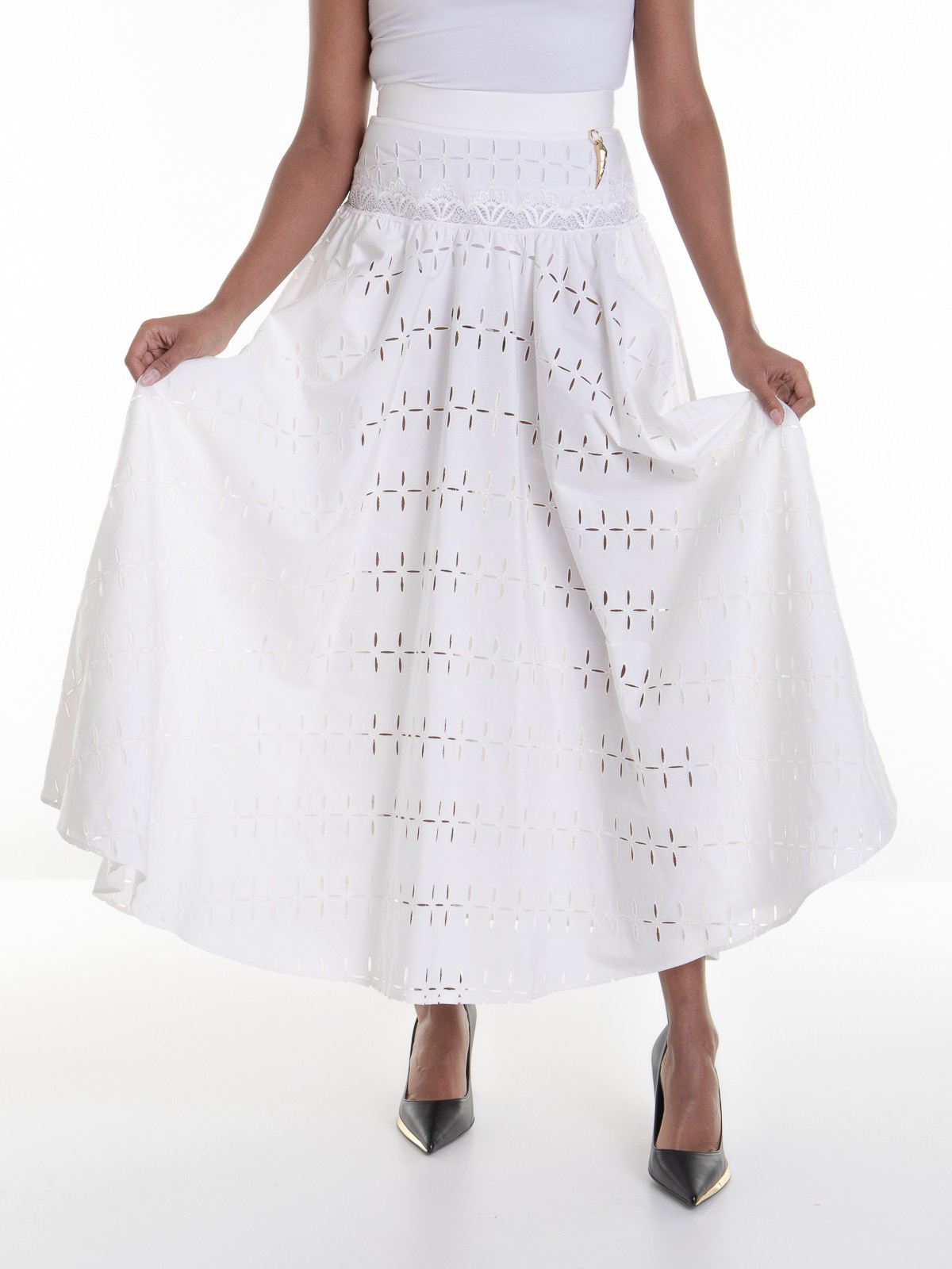 Shop Roberto Cavalli Long Skirt In Cotton With Lace Inserts In White