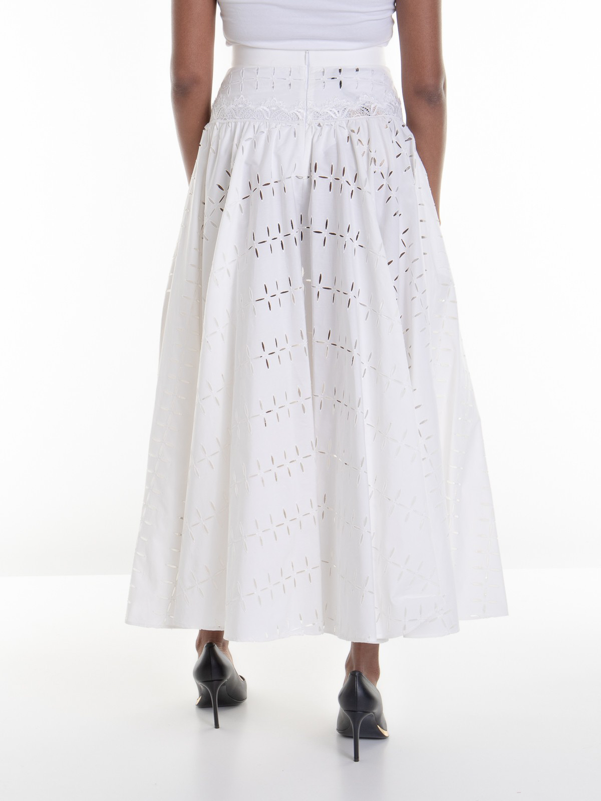 Shop Roberto Cavalli Long Skirt In Cotton With Lace Inserts In White