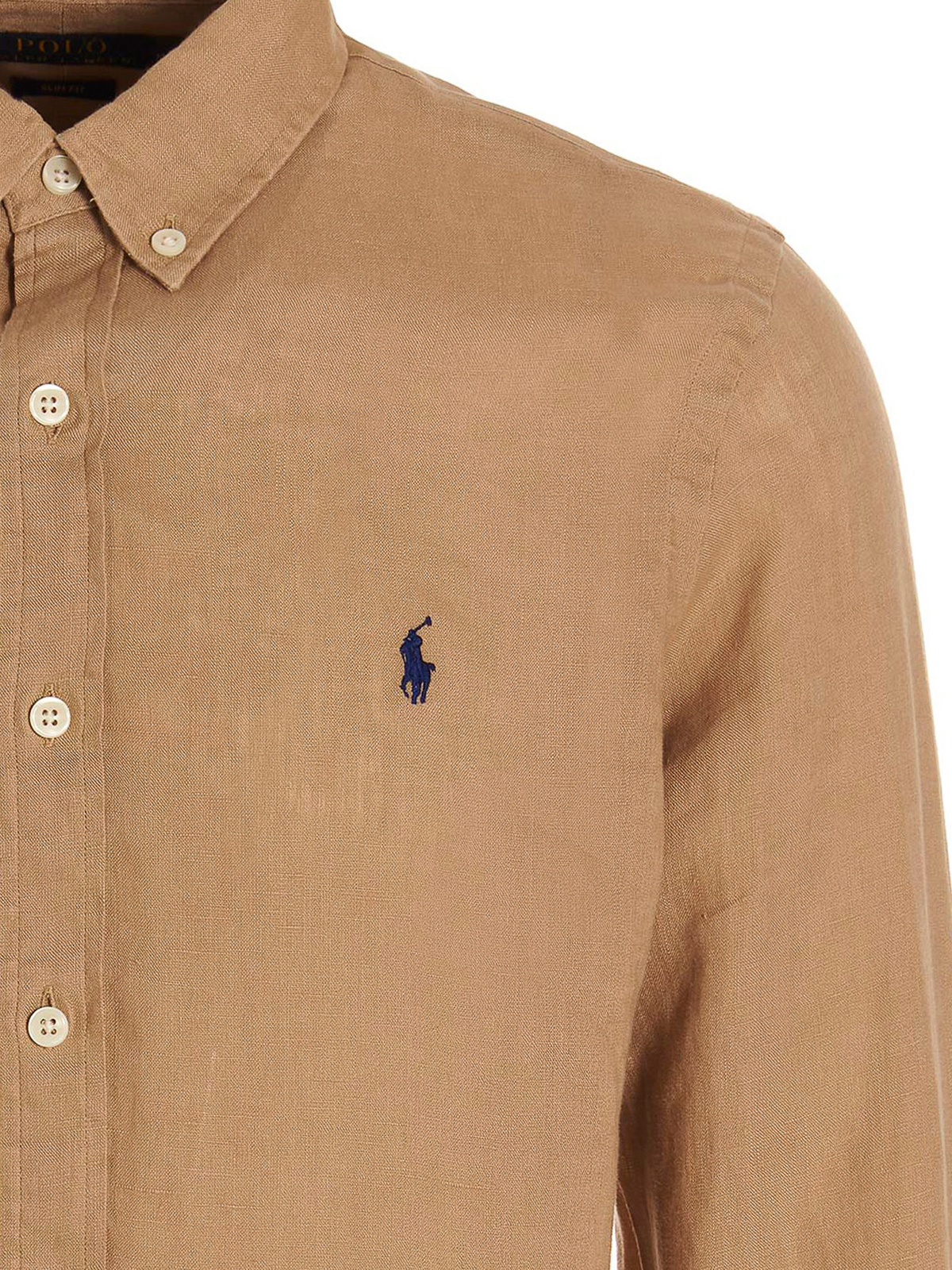 Shop Polo Ralph Lauren Logo Embroidery Linen Shirt In Beige