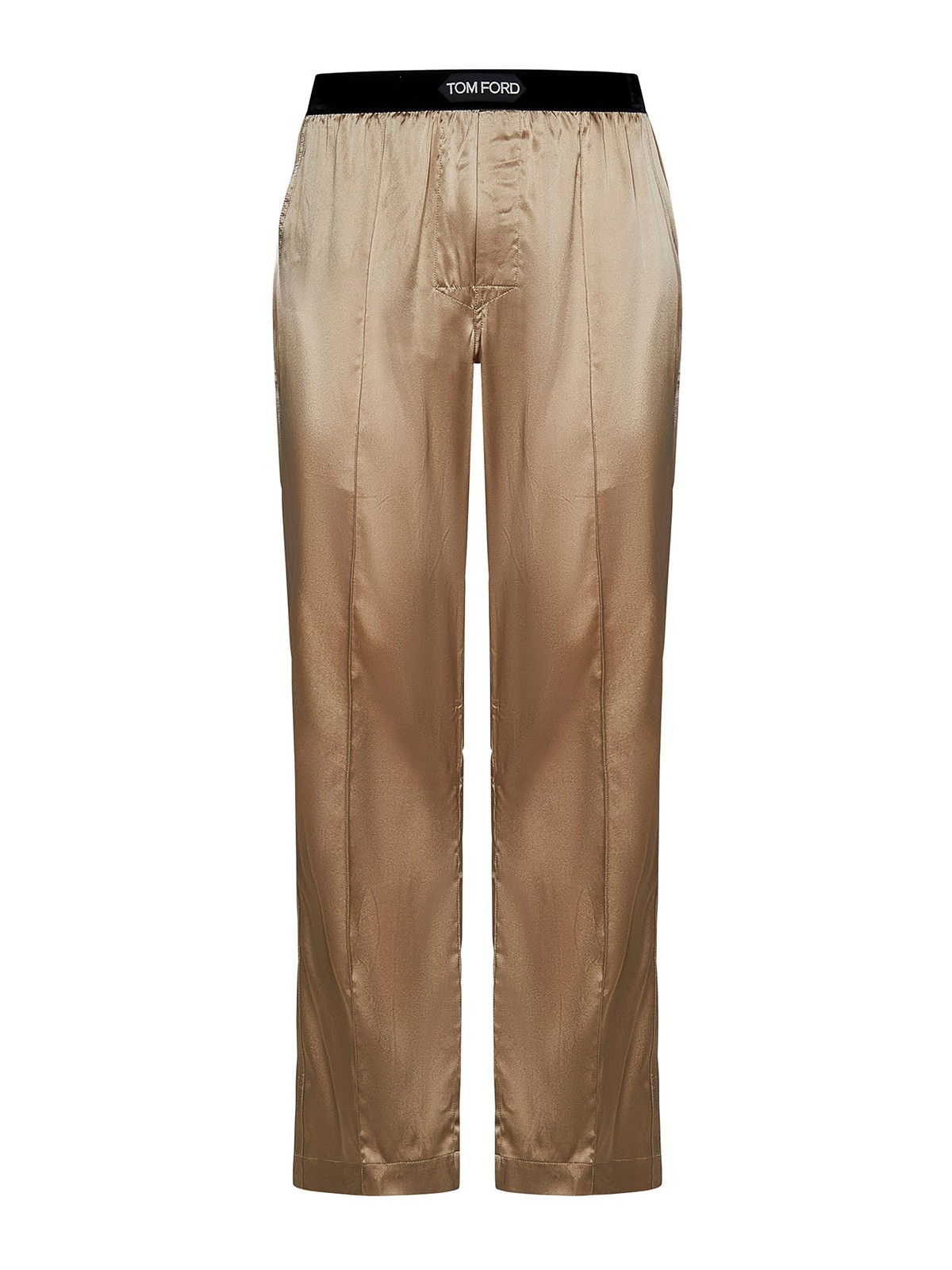 Tom Ford Logo Silk Straight Leg Trousers In Beis