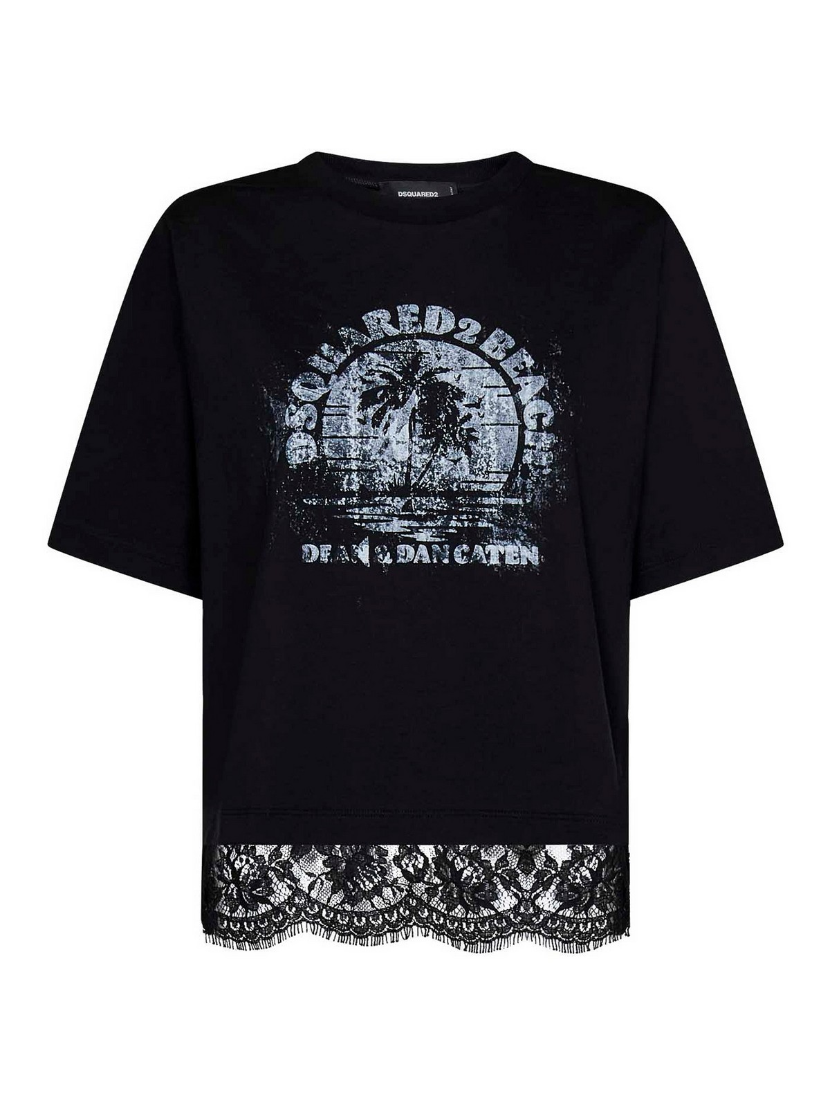 Dsquared2 Printed Cotton T-shirt With Lace In Black