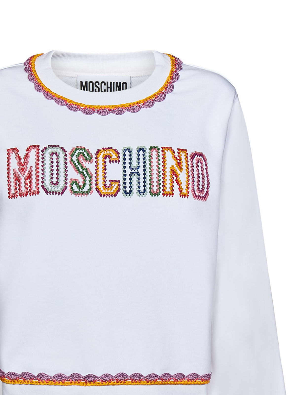 Shop Moschino Sweater With Multicolour Edges And Logo In White
