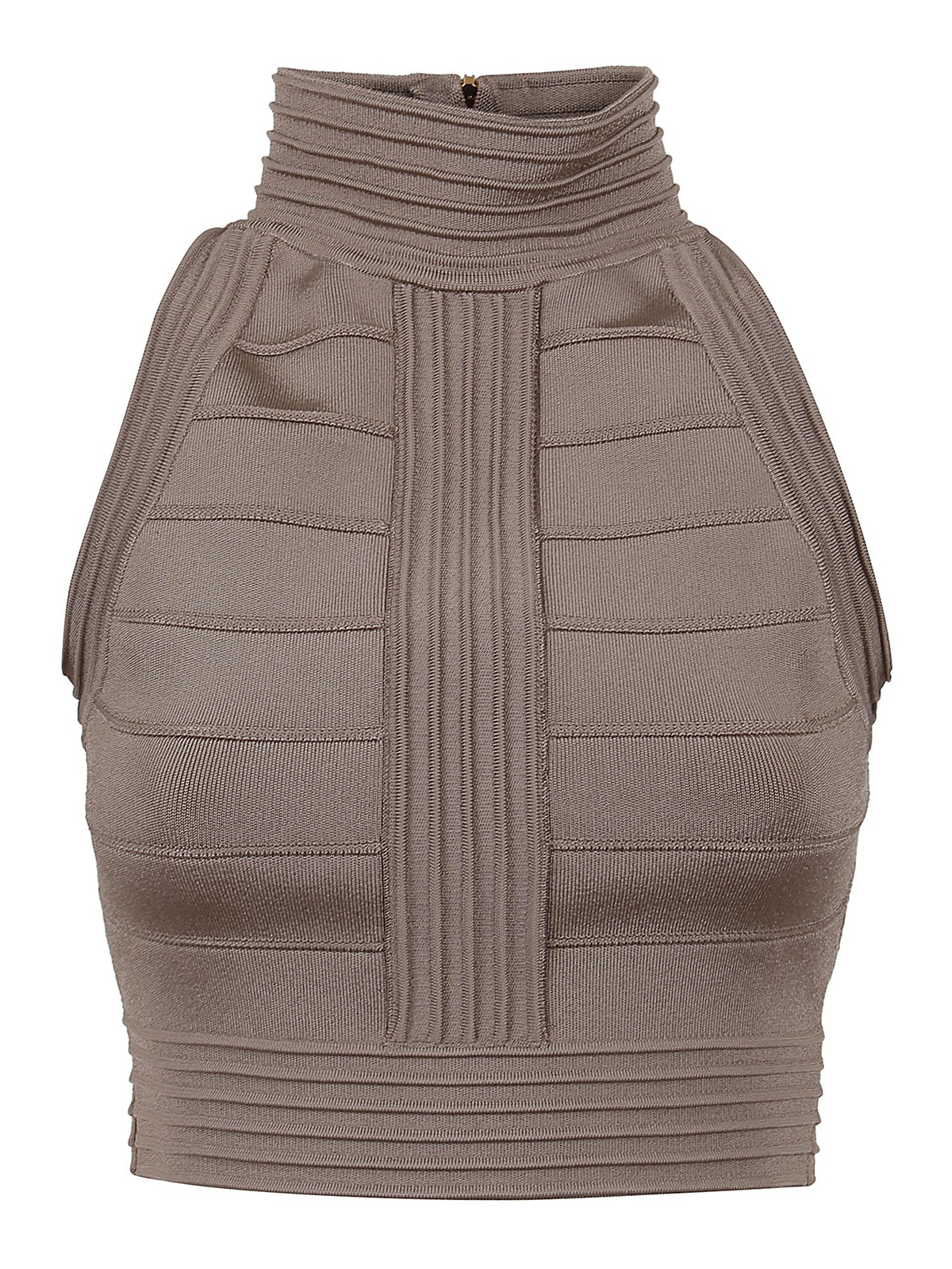 Balmain Zipped Knit Gilet With High Neck In Light Brown