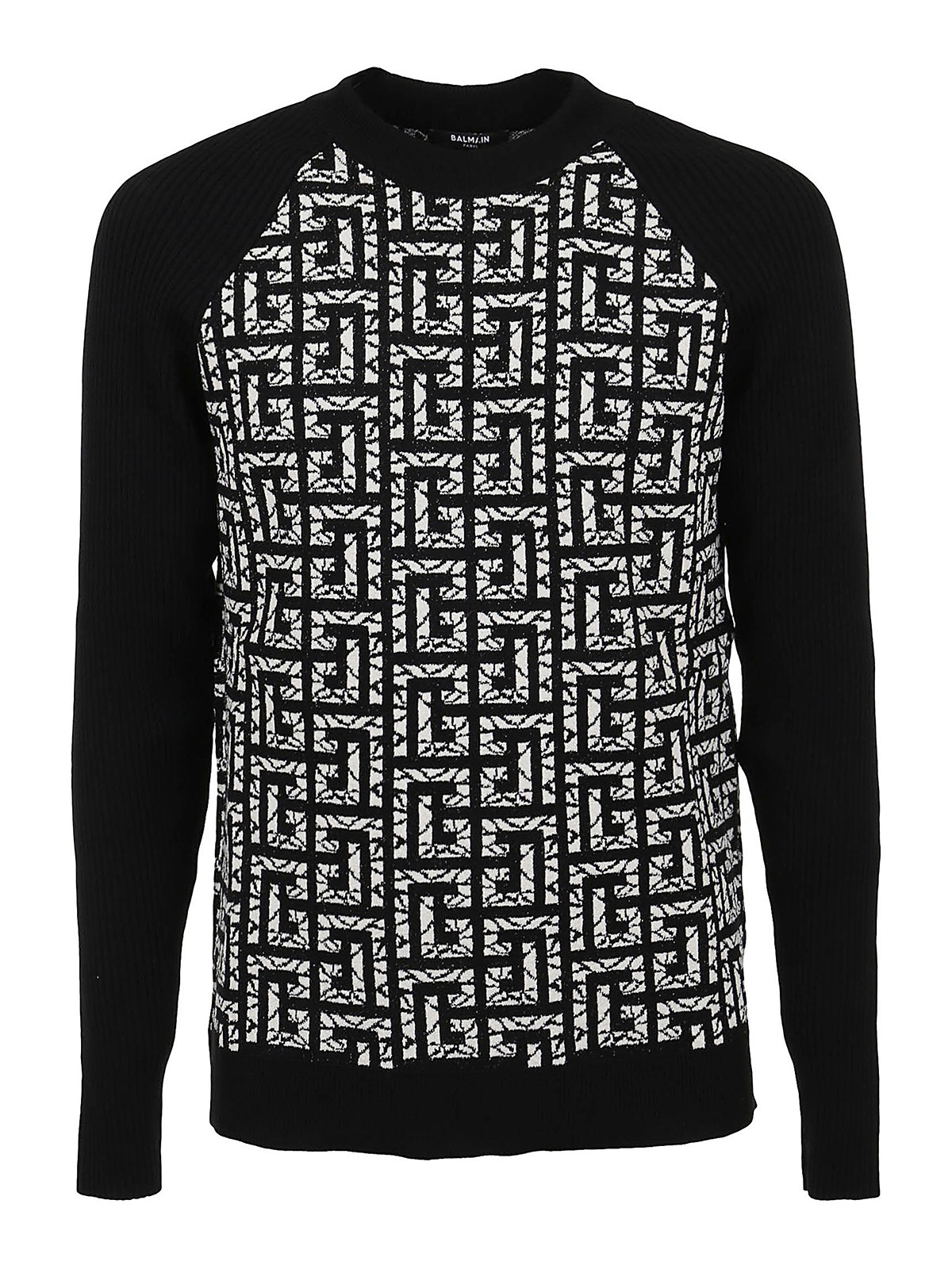 Shop Balmain Monogrammed Wool Crewneck Pullover In Black