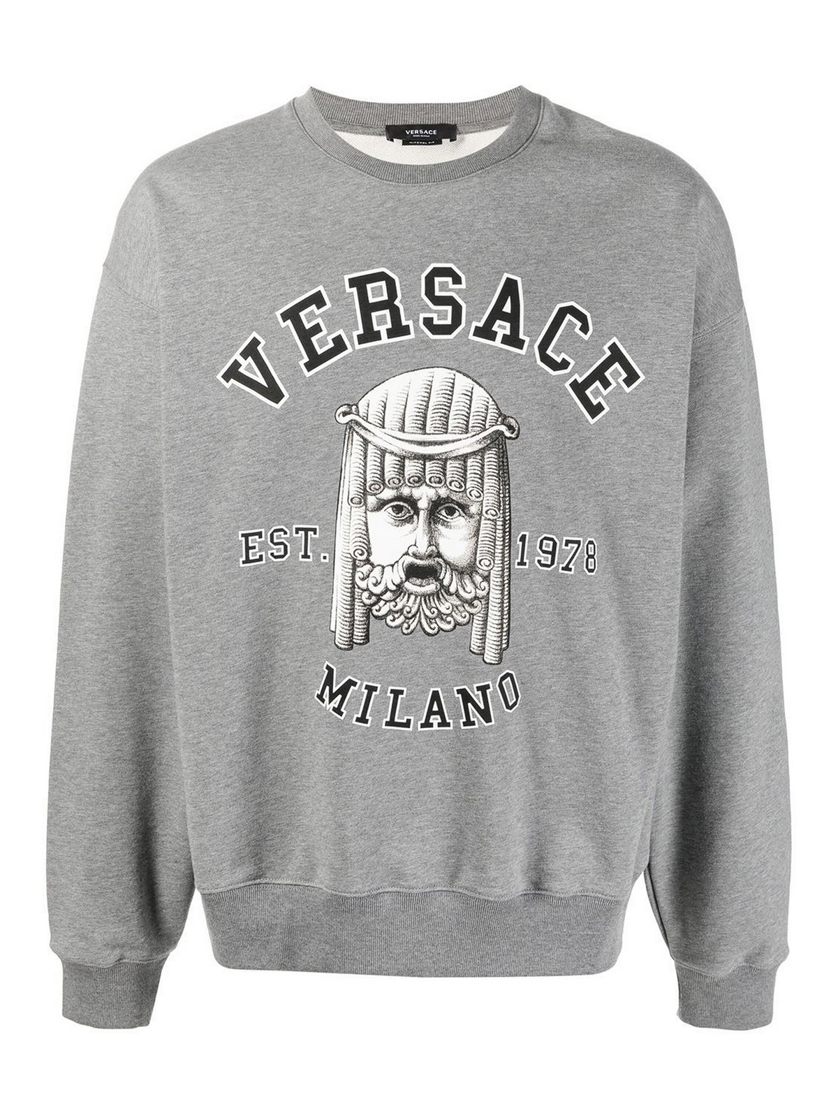 Shop Versace Cotton Crewneck Sweatshirt With Front Print In Grey