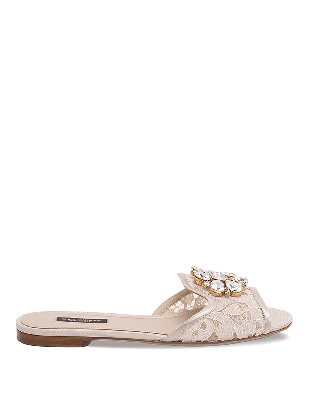 Dolce & Gabbana Flat Sandals With Lace And Brooch In Blanco