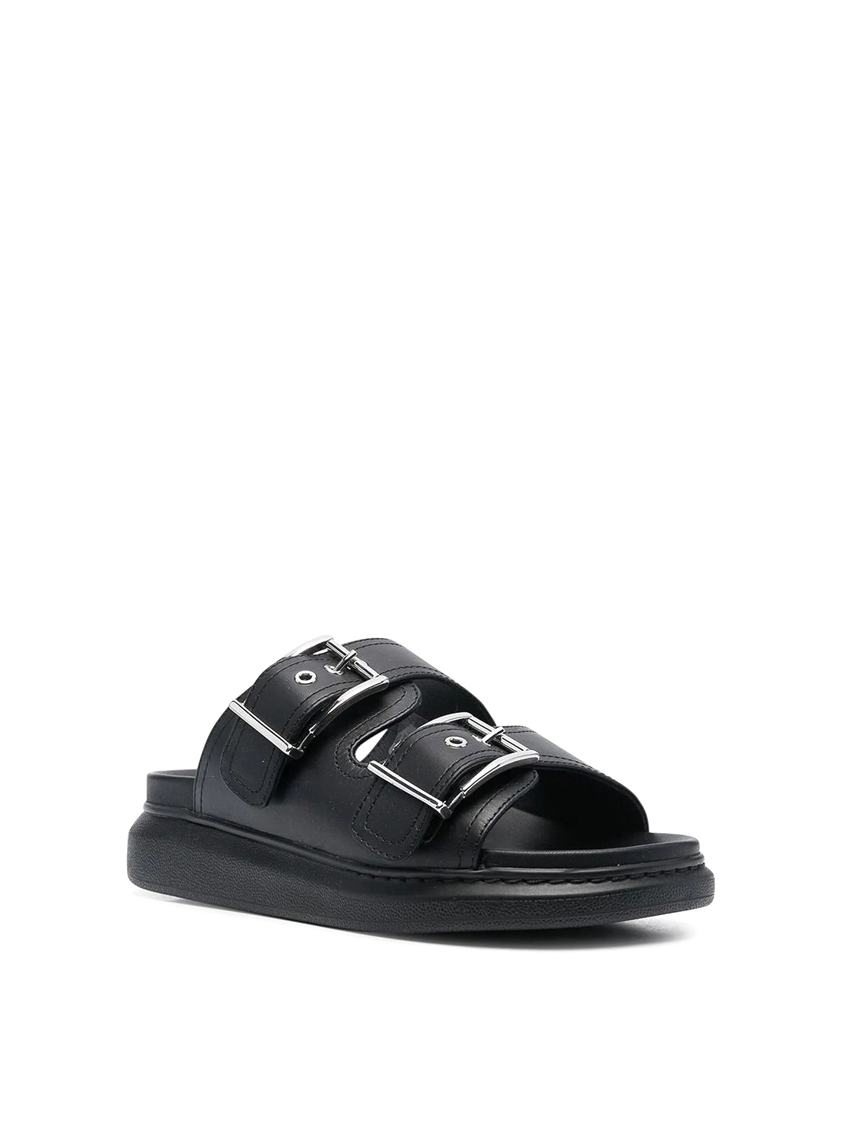 Shop Alexander Mcqueen Double Buckled Leather Sandals In Negro