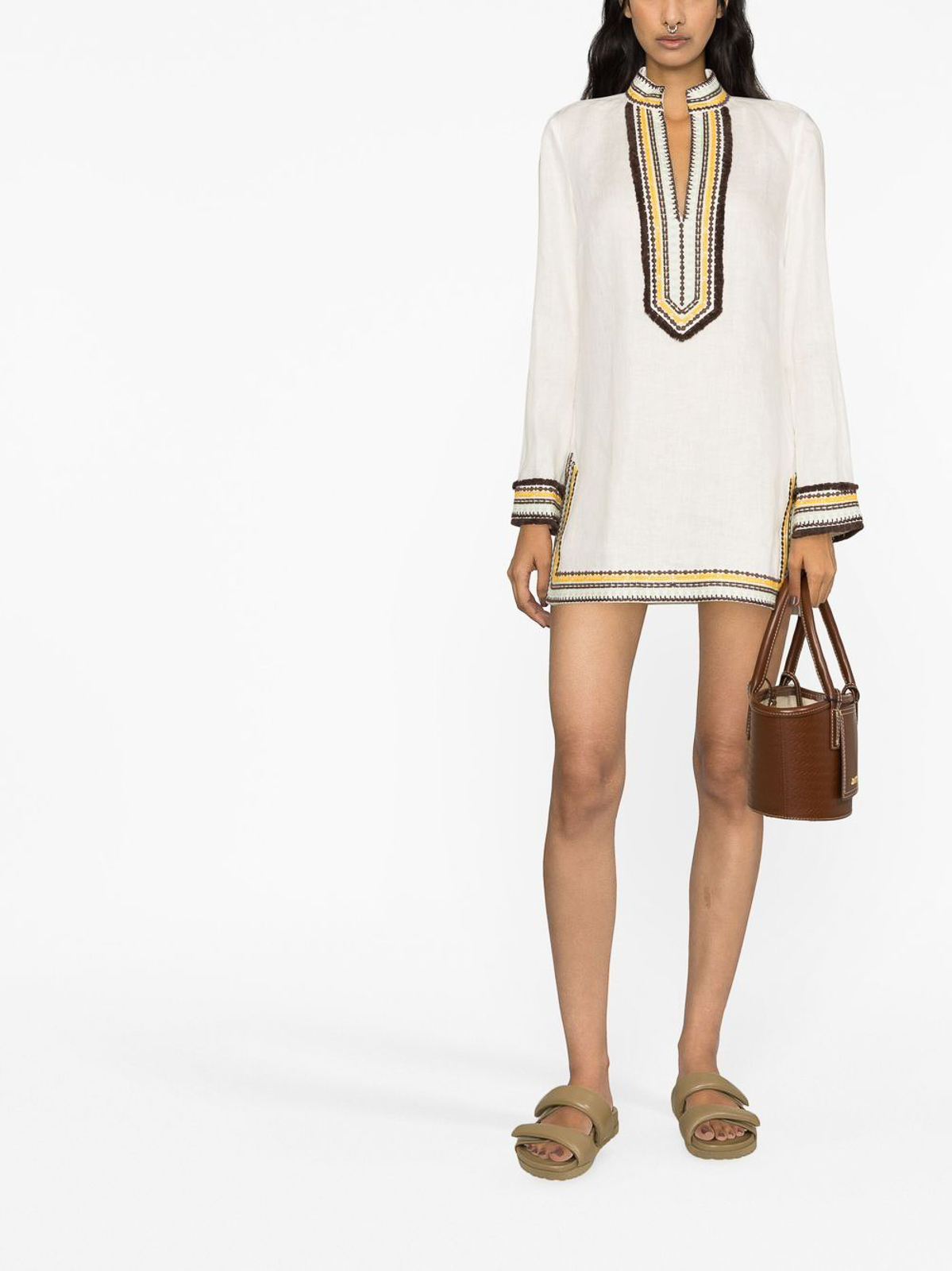 Tory Burch Embroidered-trim long-sleeve tunic - White|150420100