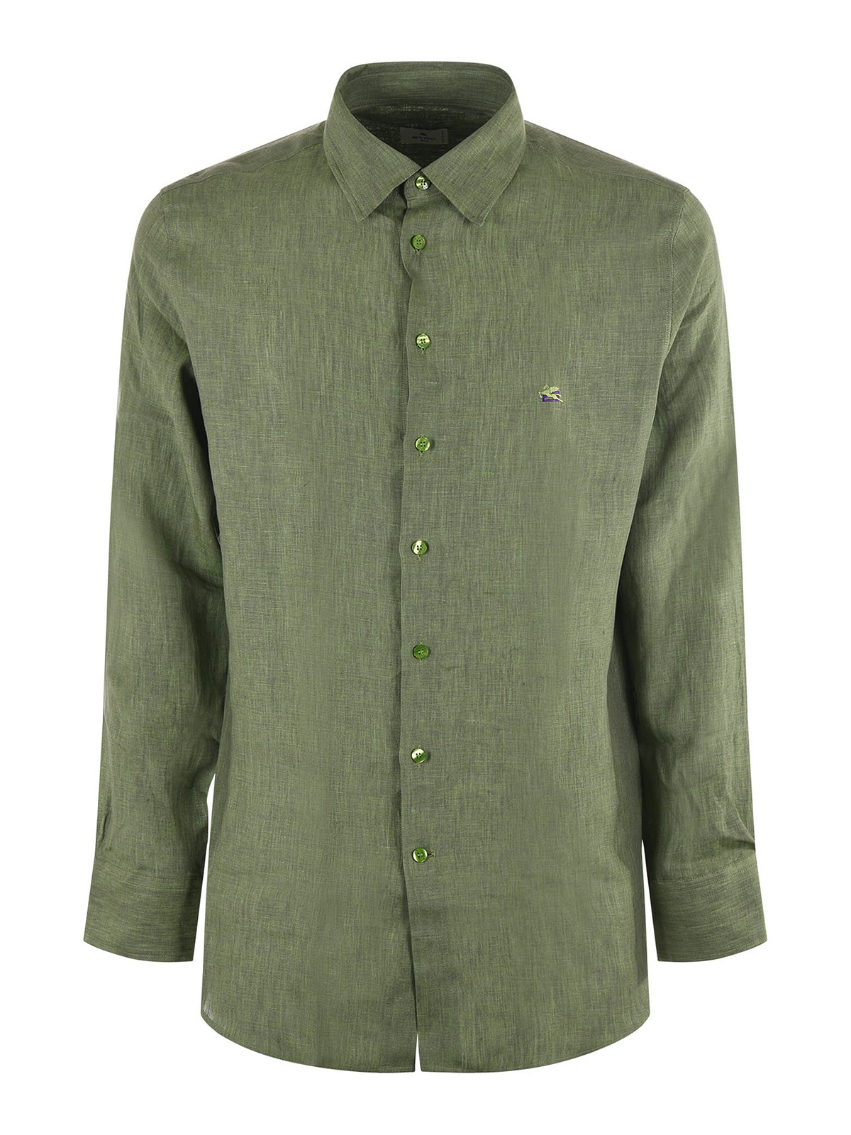 Etro Embroidered Logo Linen Shirt In Green