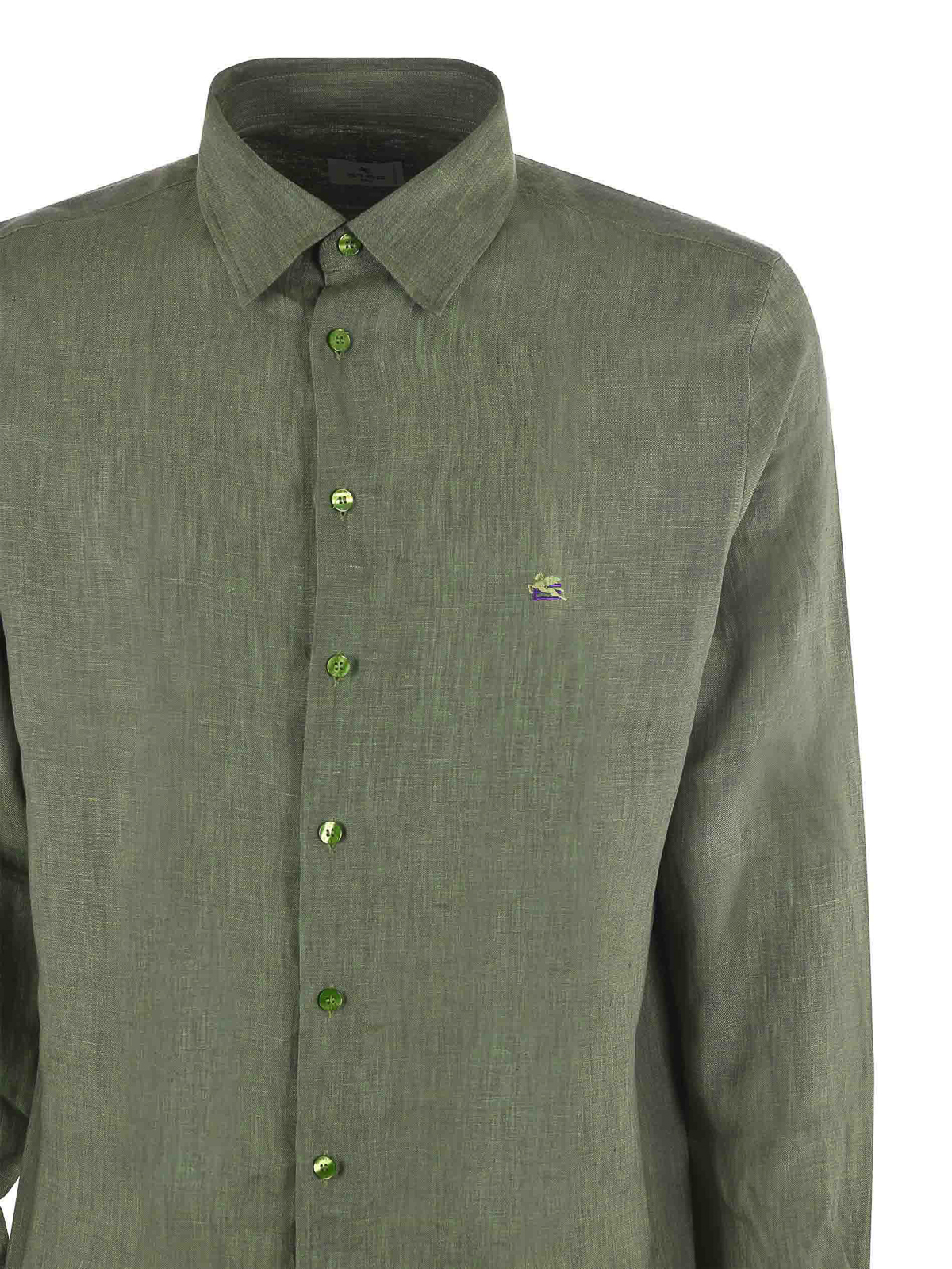 Shop Etro Embroidered Logo Linen Shirt In Green