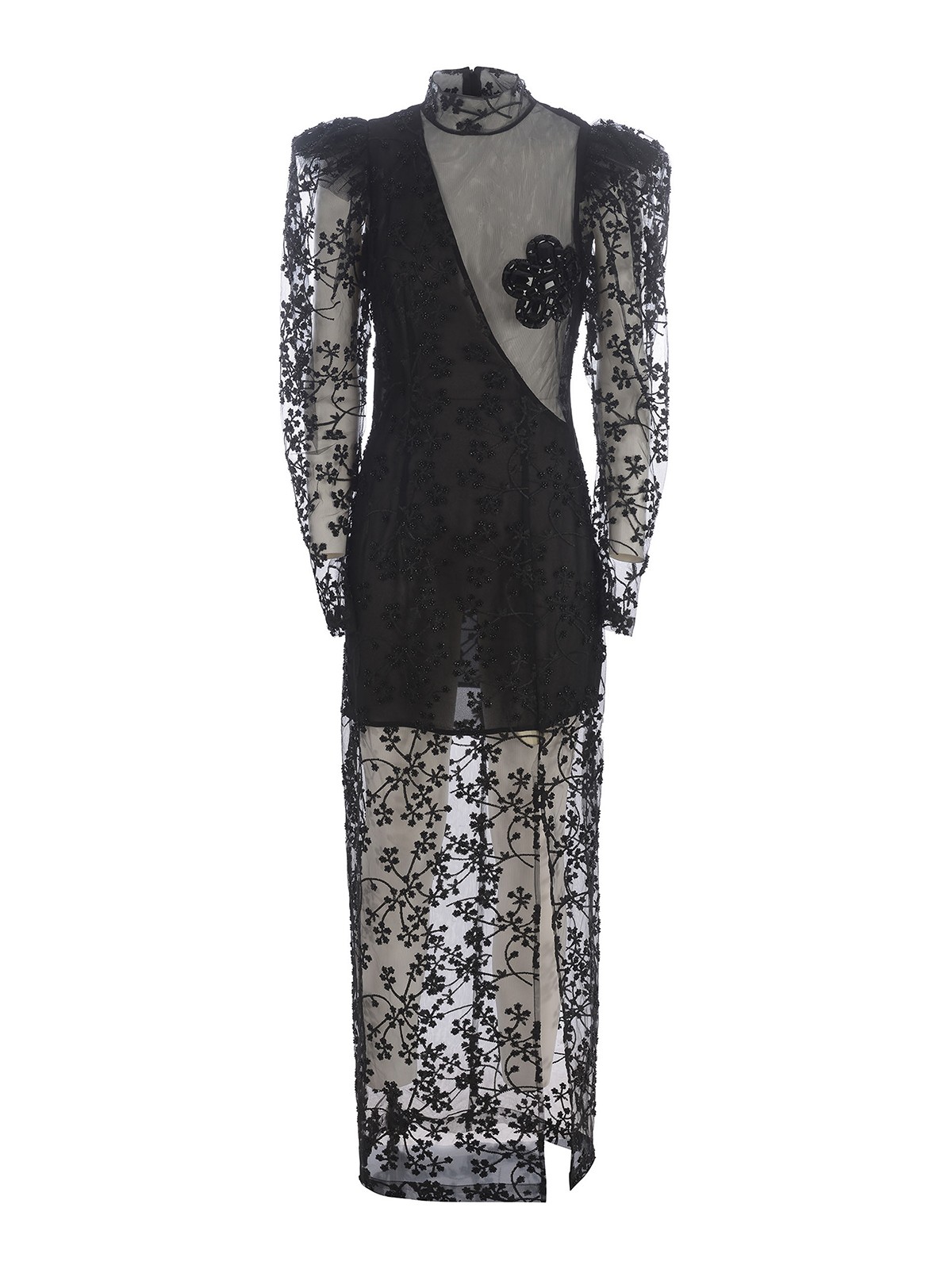Rotate Birger Christensen Semi Sheer Laced Dress With Crystals In Black