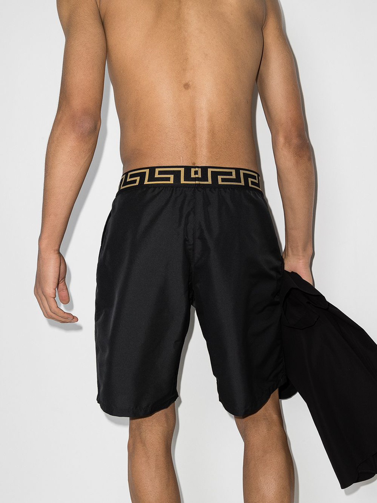 Shop Versace Black Greca Key Swim Shorts