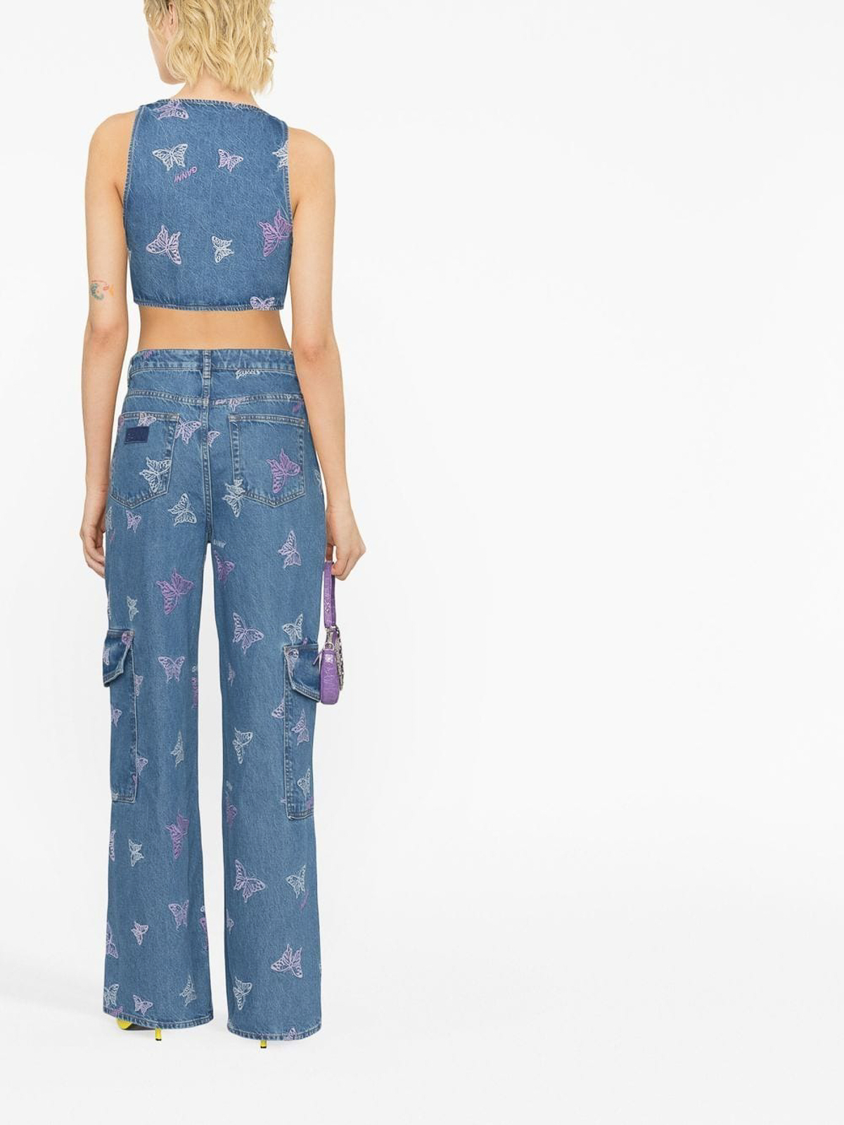 Etro Embroidered Denim Crop Top In Blue