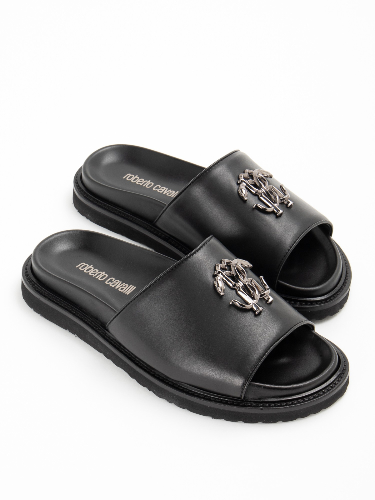 Shop Roberto Cavalli Logo Leather Sandals In Black