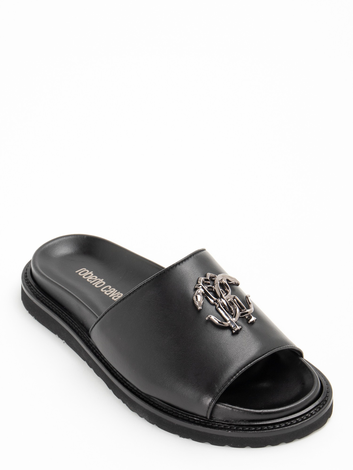 Shop Roberto Cavalli Logo Leather Sandals In Black