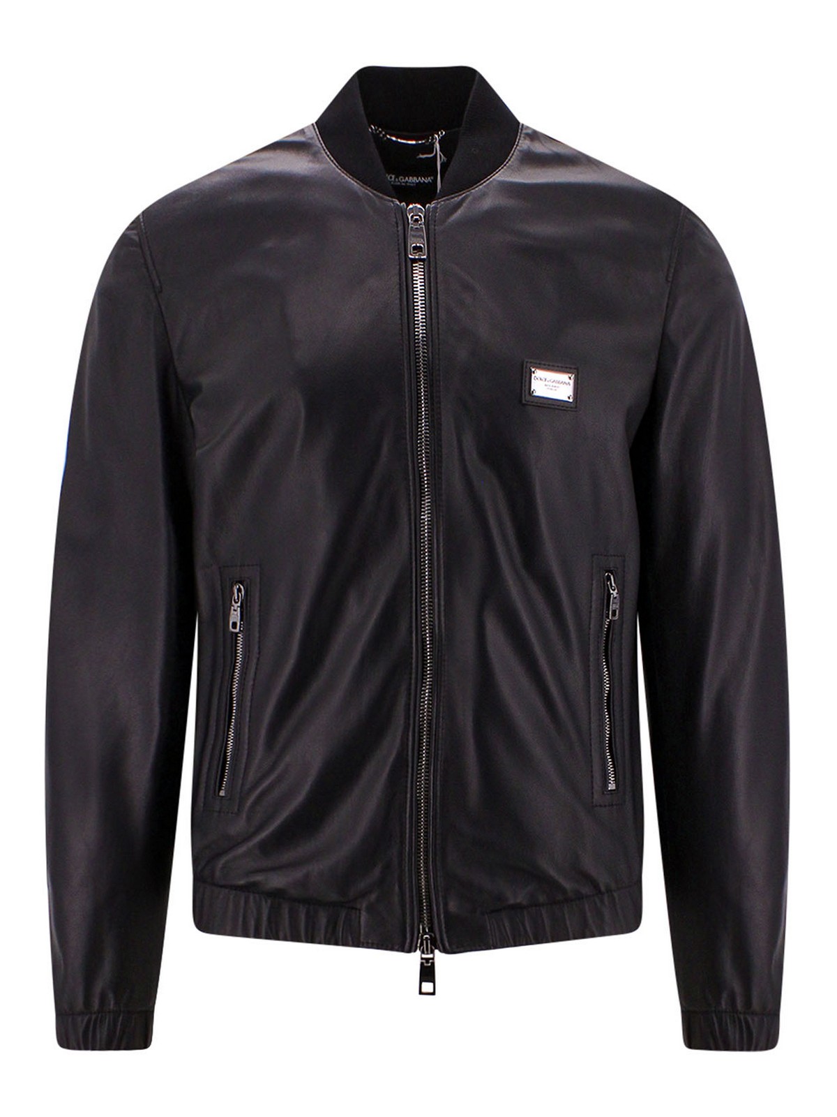 Dolce & Gabbana Leather Jacket With Metal Logo Patch In Negro