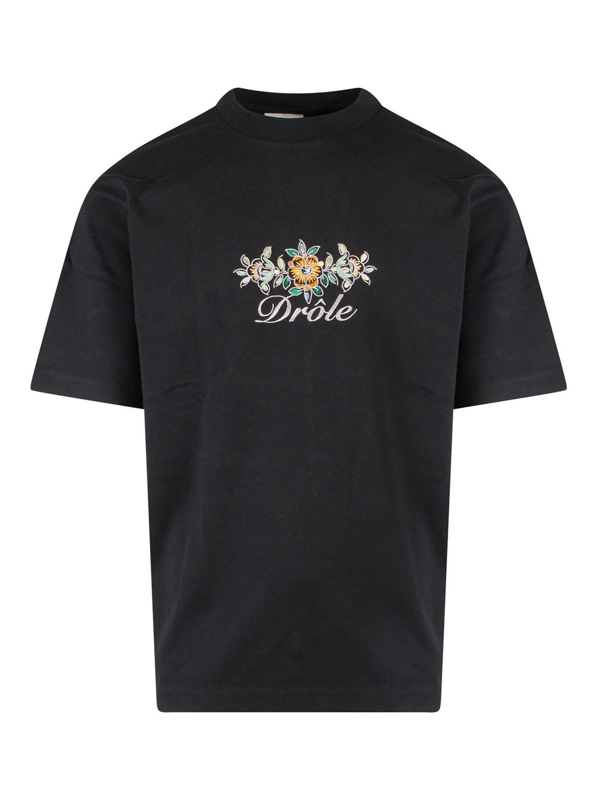 Drôle De Monsieur Cotton T-shirt With Floral Embroidery In Black