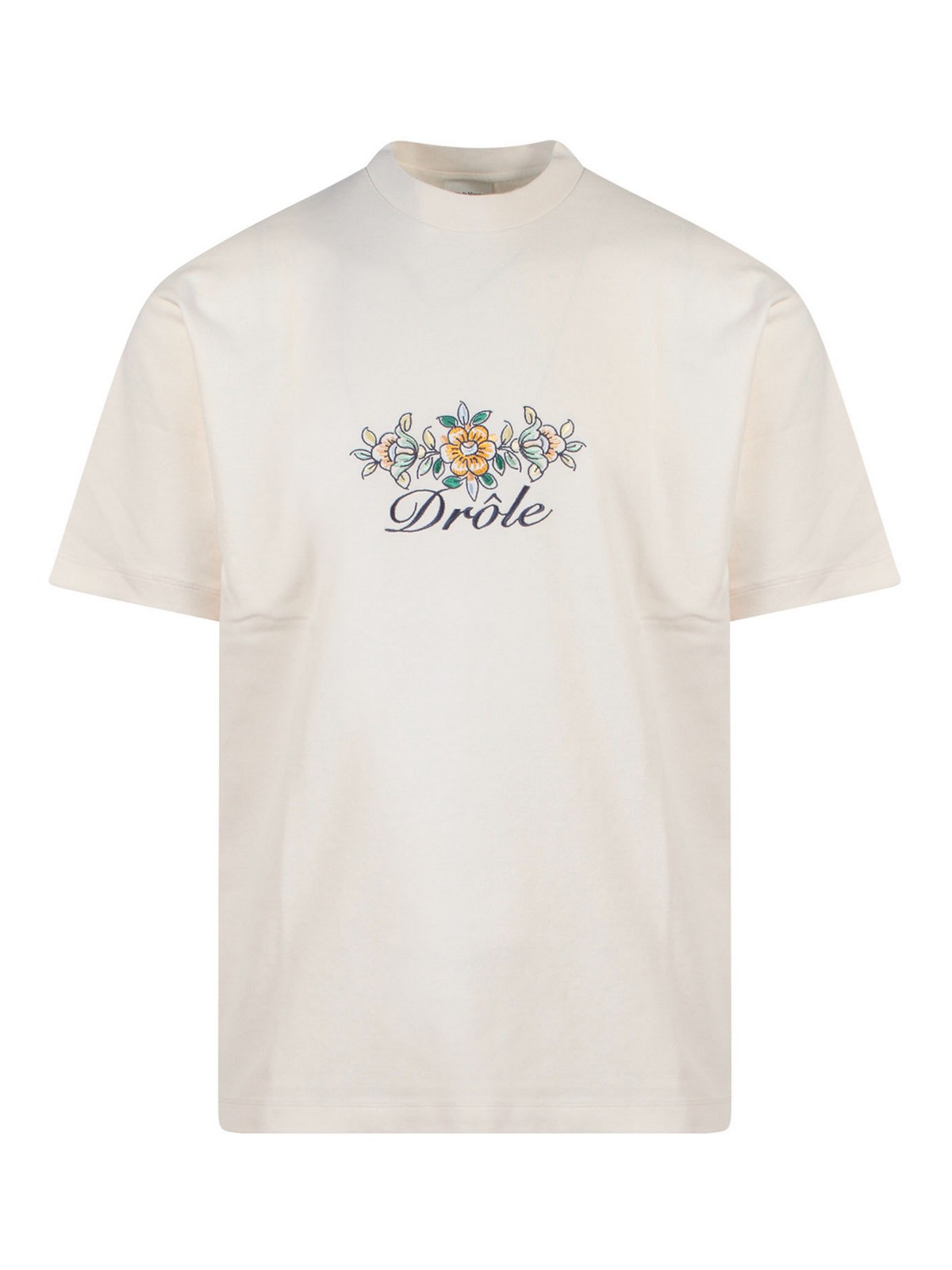 Drôle De Monsieur Cotton T-shirt With Floral Embroidery In Beige
