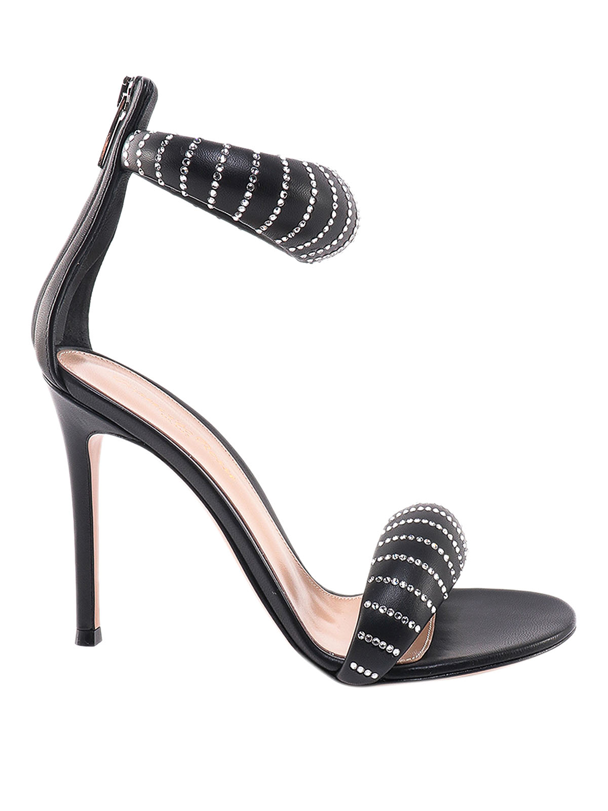 Shop Gianvito Rossi Leather Sandals With Rhinestones In Black