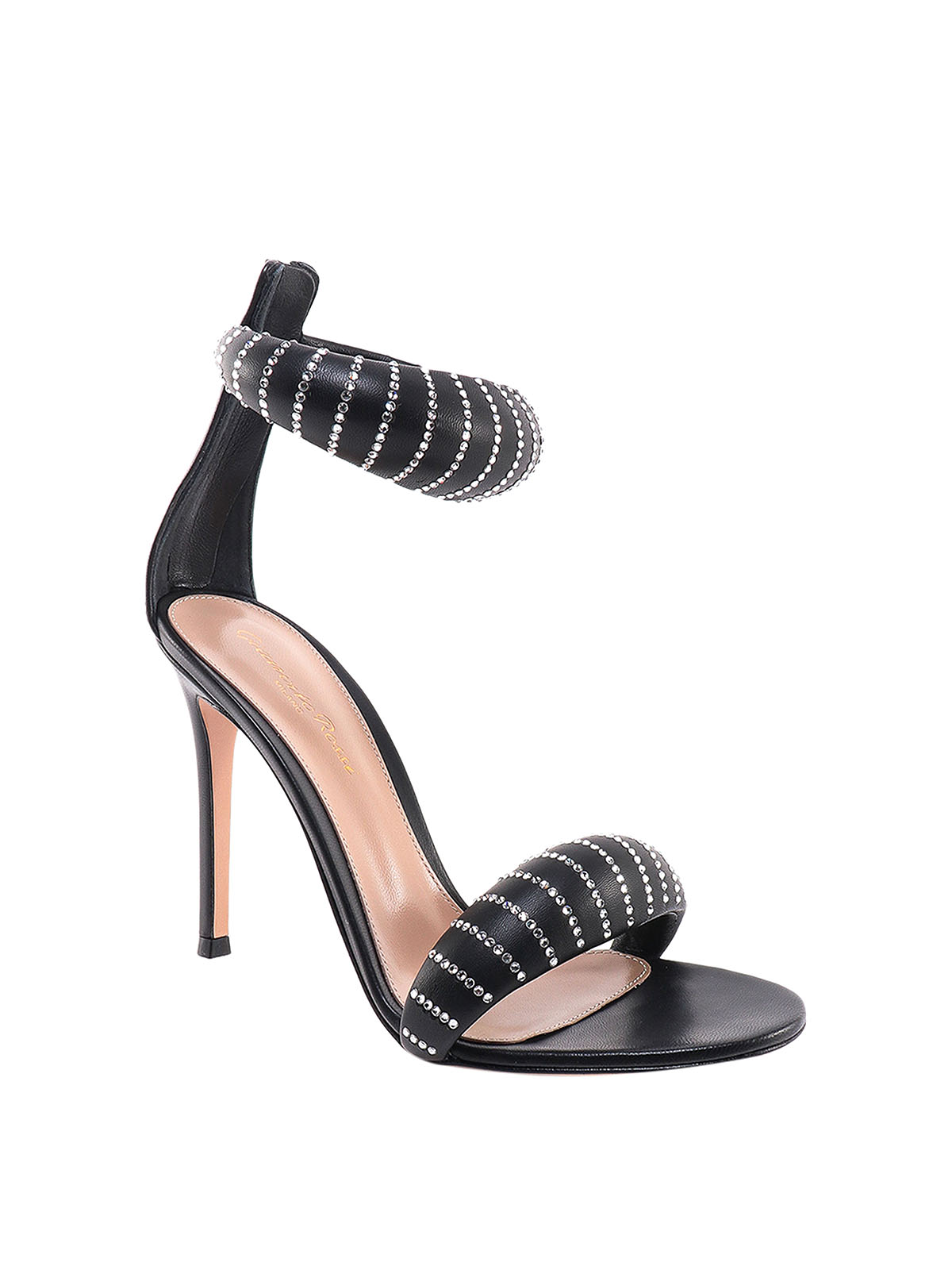 Shop Gianvito Rossi Leather Sandals With Rhinestones In Black