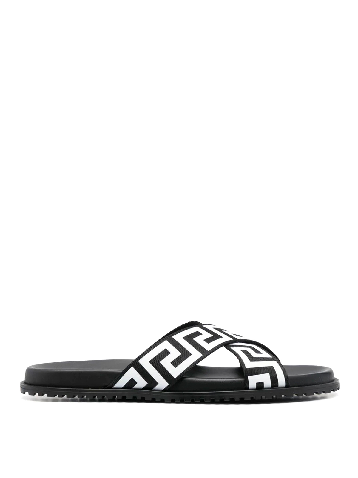 Versace Greek Print Slide Sandals In Black