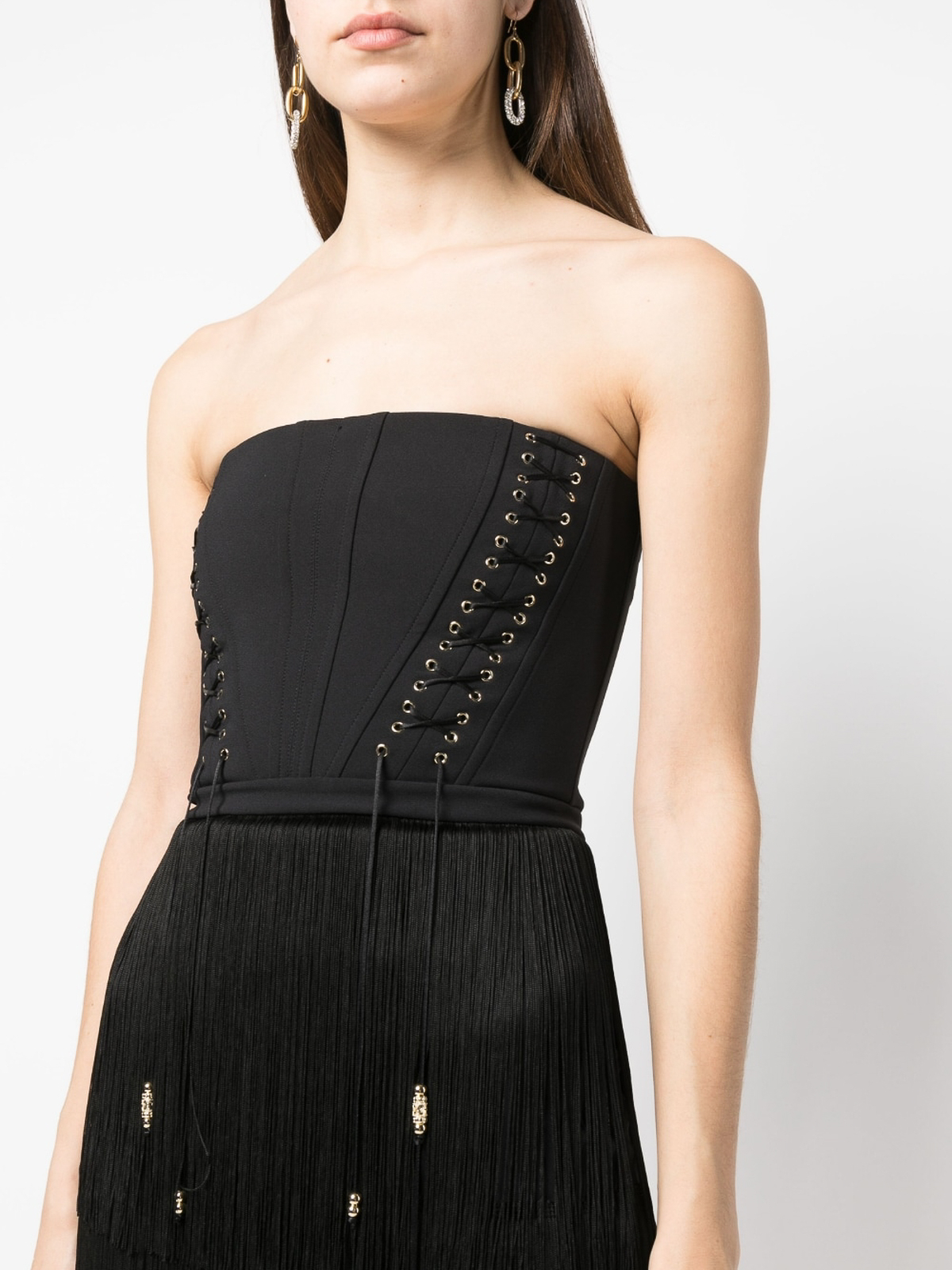 Shop Elisabetta Franchi Bustier Fringe Detailing Dress In Black