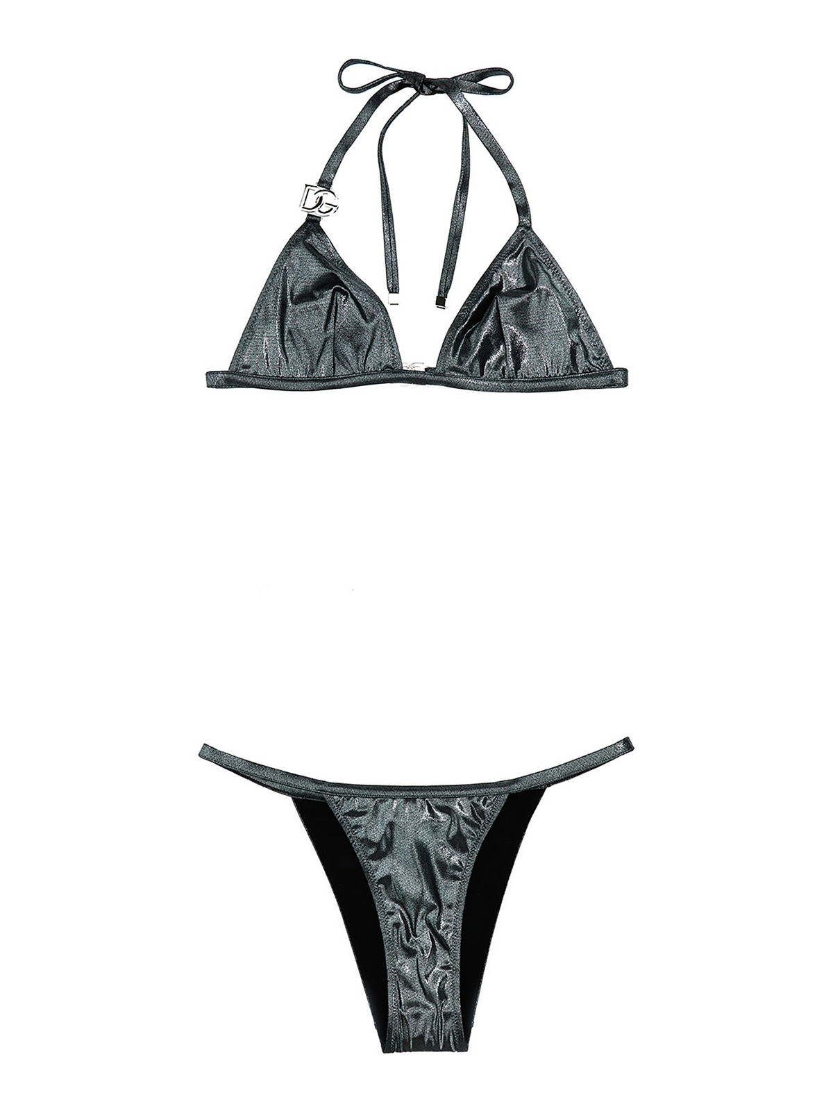 Dolce & Gabbana Lam-effect Bikini With Triangle Top In Silver