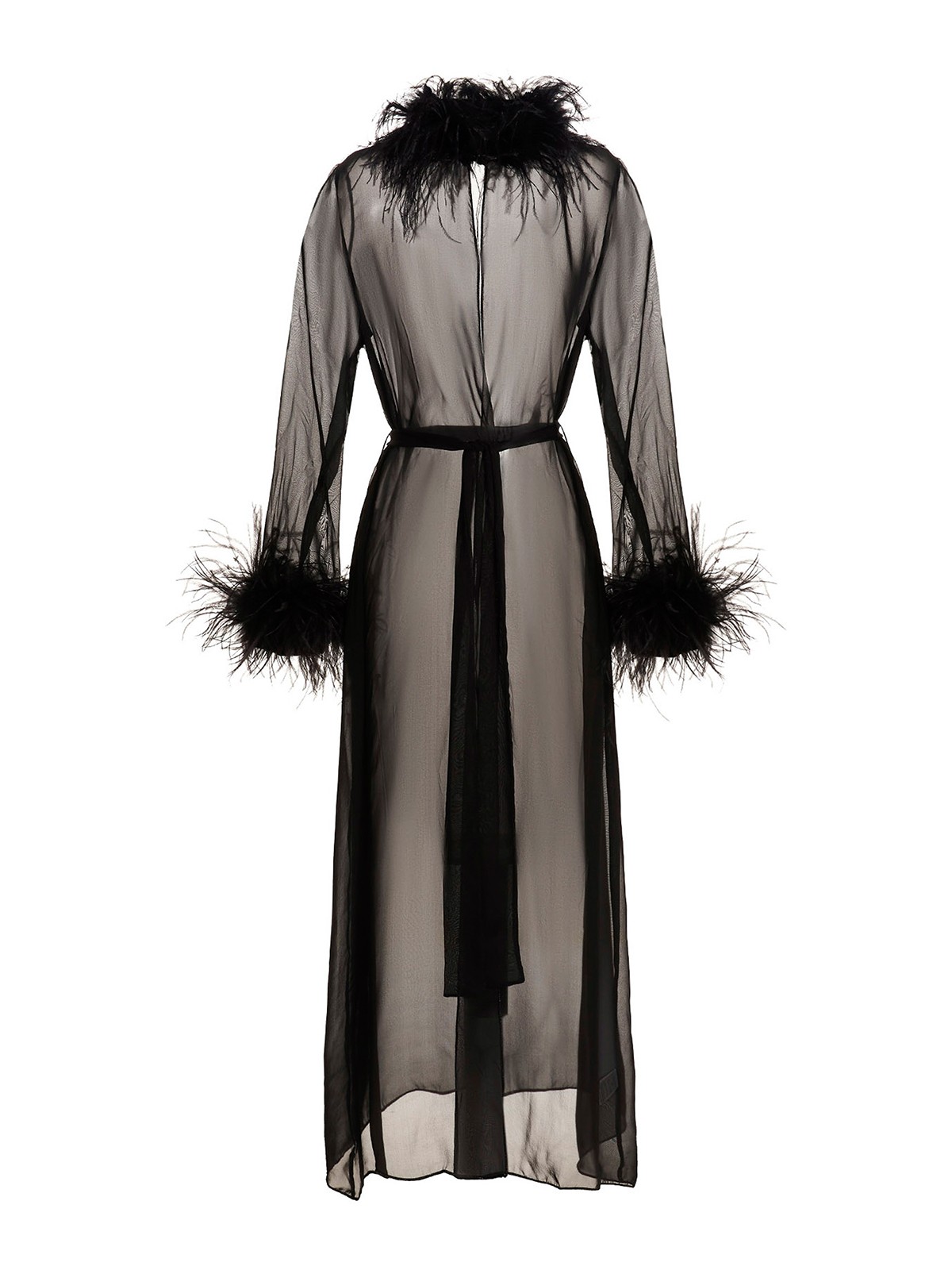 Shop Oseree Transparent Silk Robe With Feathers In Negro