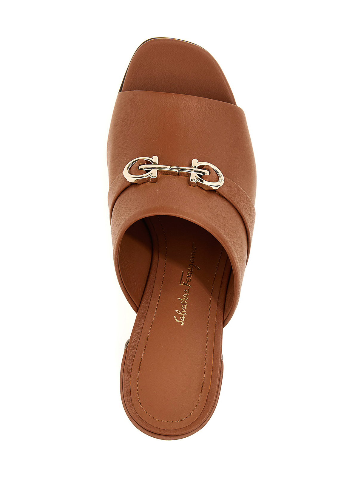 Salvatore Ferragamo Mens Brown Leather Sandals with  Logo Slip On 7D Unisex w9 Flat slide with Gancini ornament - Women | Ferragamo main image 2