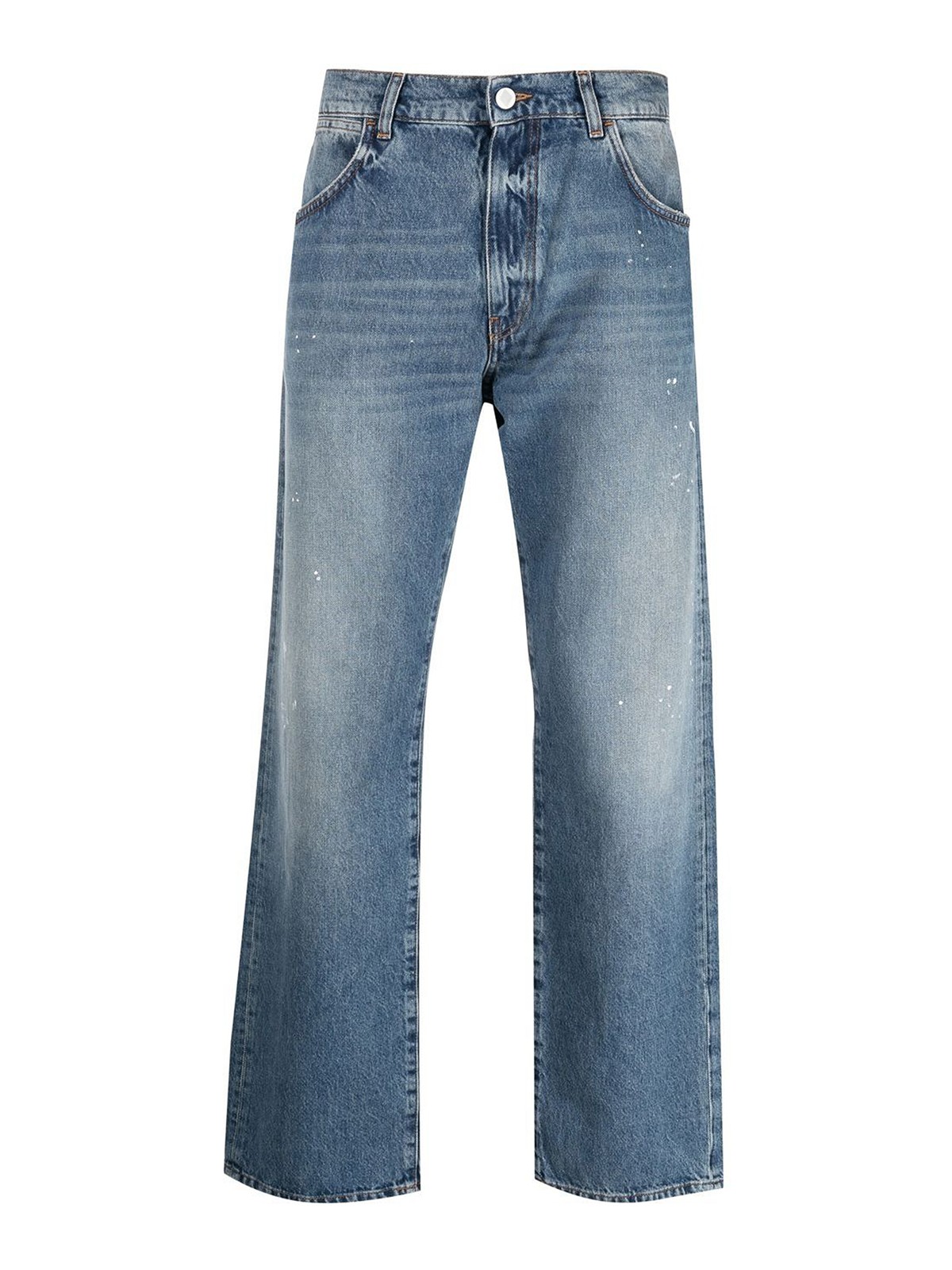 Shop Amish Logo-patch Washed-denim Trousers In Light Wash