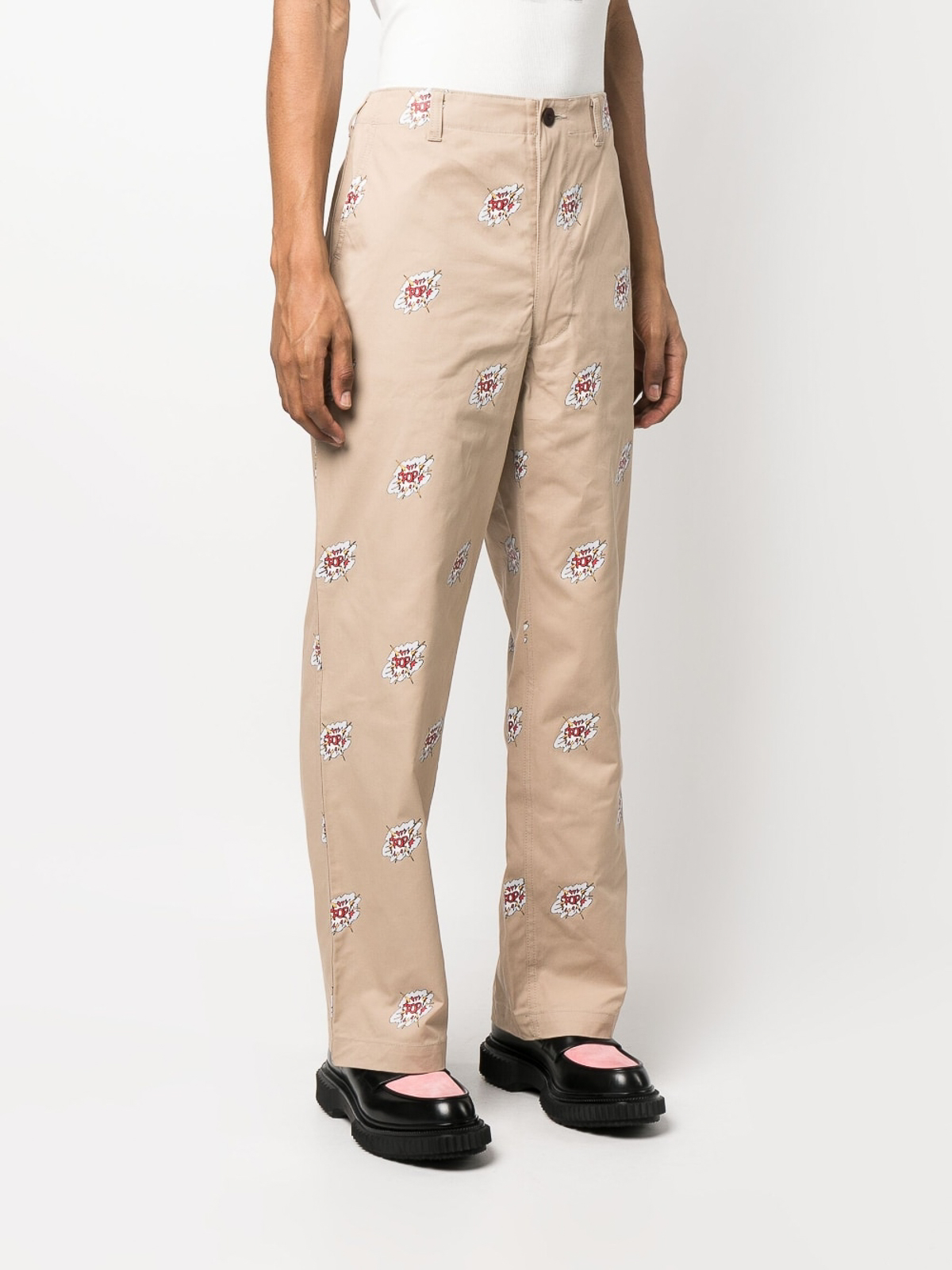 Shop Junya Watanabe Graphic-print Cotton Trousers In Beige