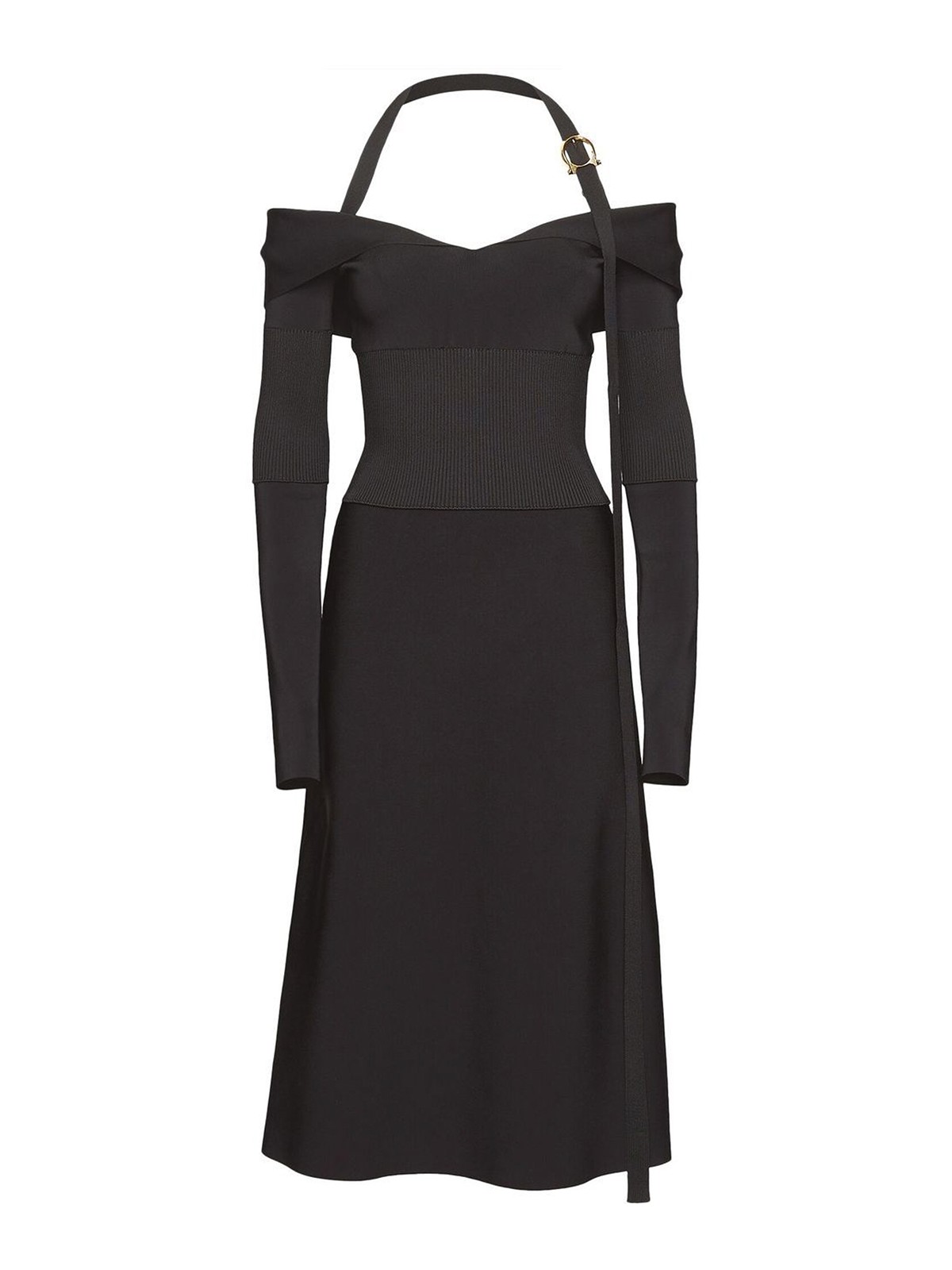 Ferragamo Knit Midi Dress With Gancini Buckle In Black