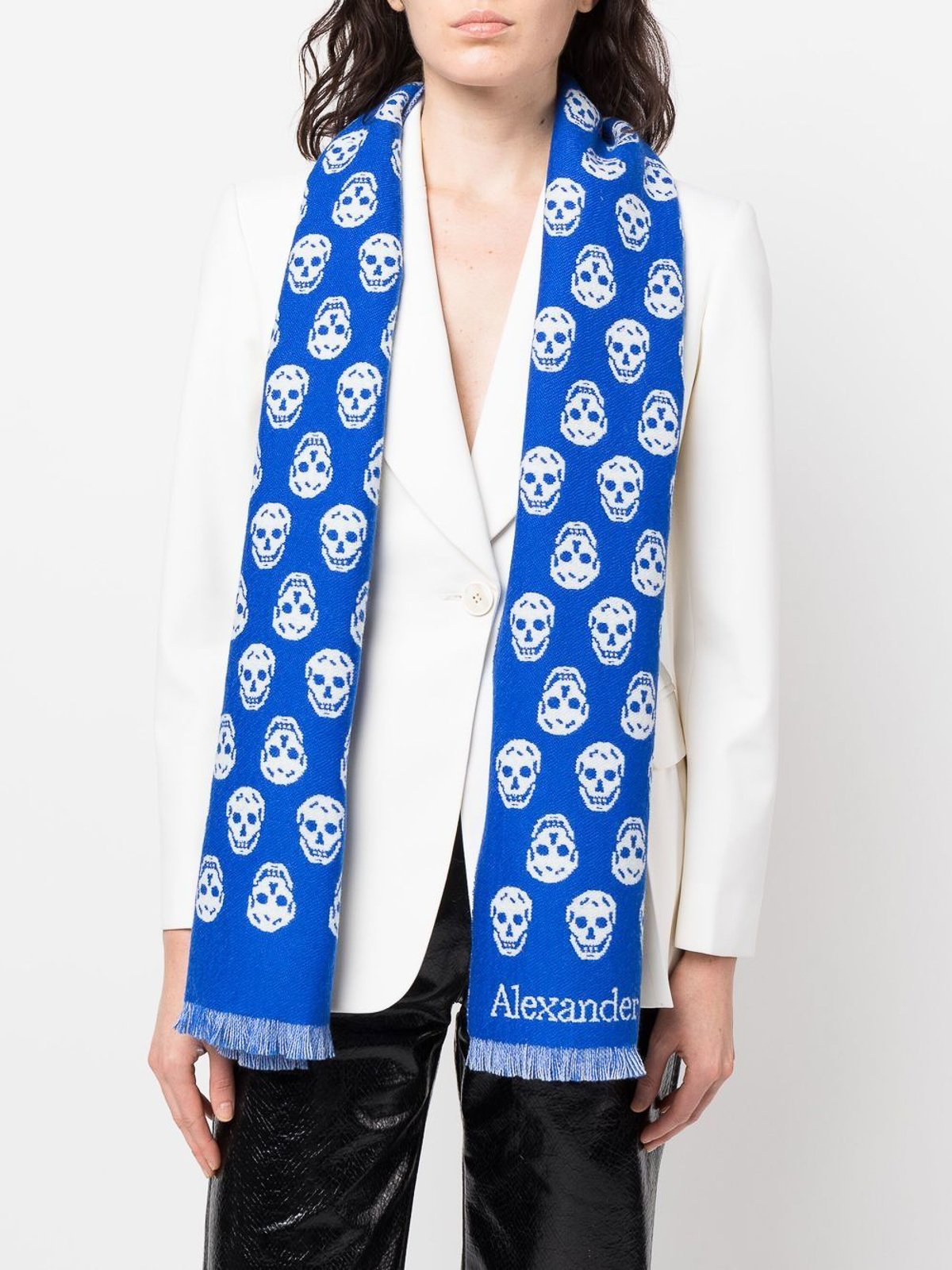 Shop Alexander Mcqueen Skull Double- Face Wool Scarf In Blue