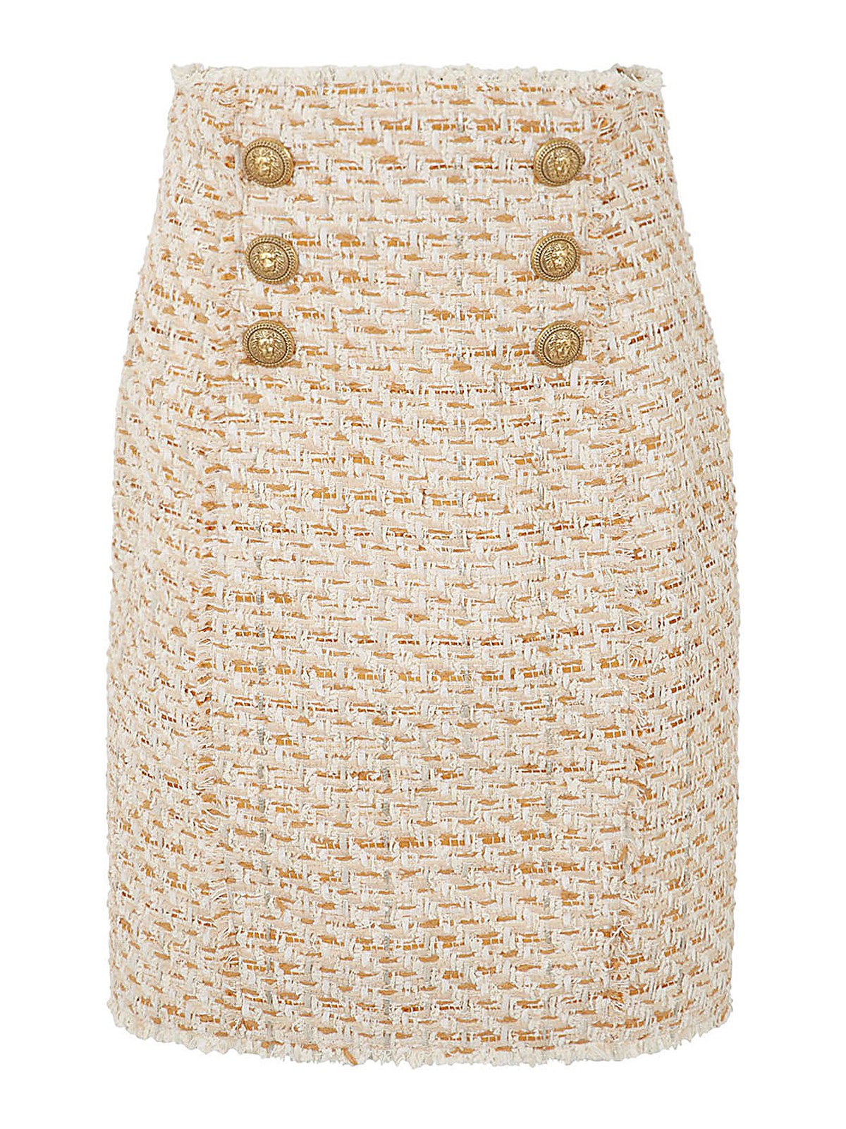Balmain Beige Tweed Skirt With Front Golden Buttons In Cotton Blend Woman In Brown